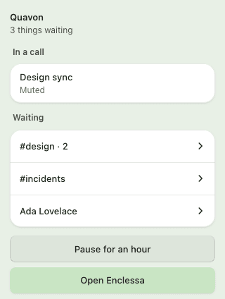 The menu bar panel: things waiting, a call in progress, and the rooms that are waiting