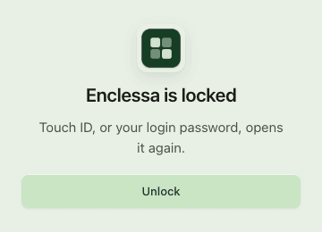 The lock screen: Enclessa is locked, unlock with Touch ID