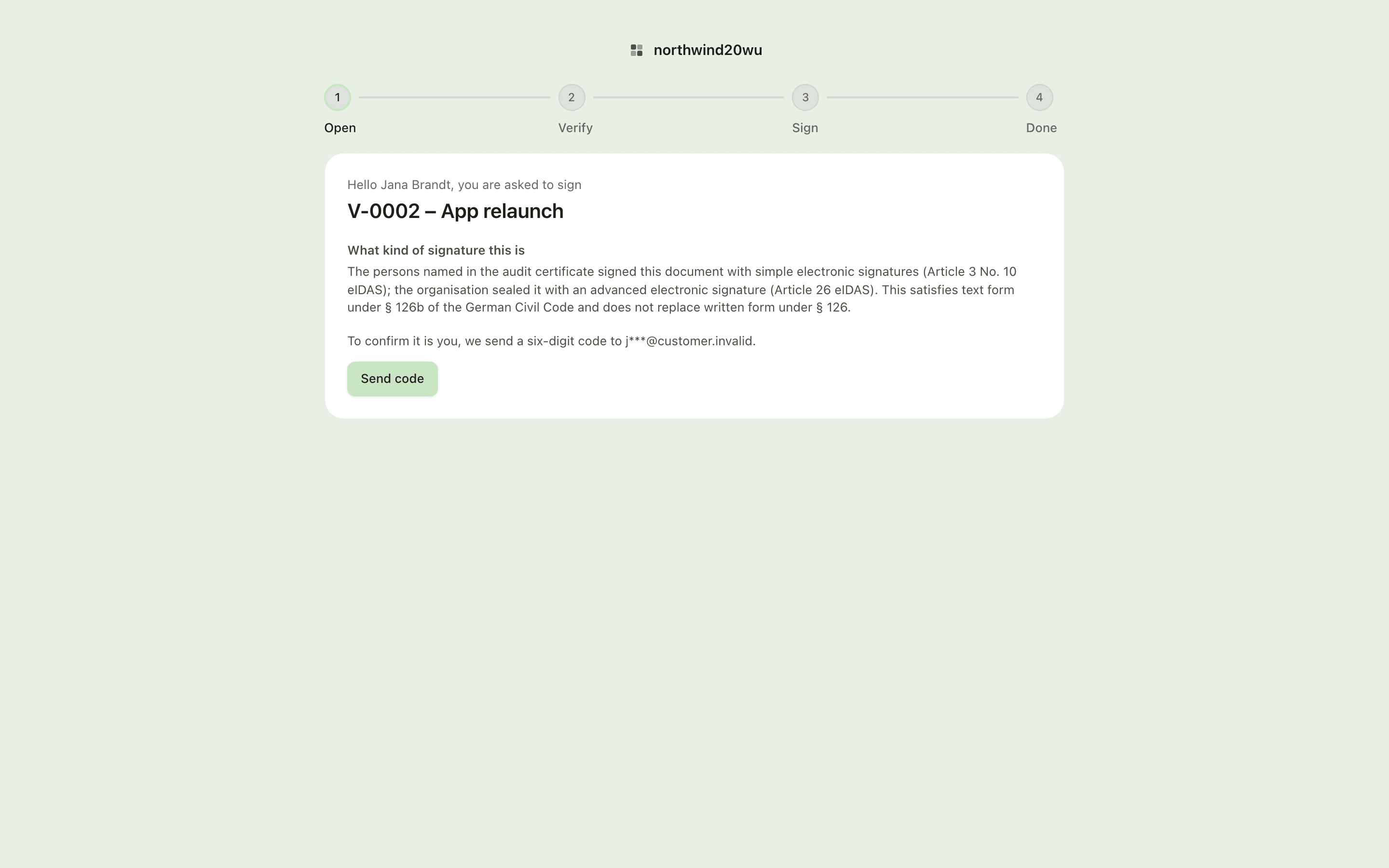The public signing page on the code step