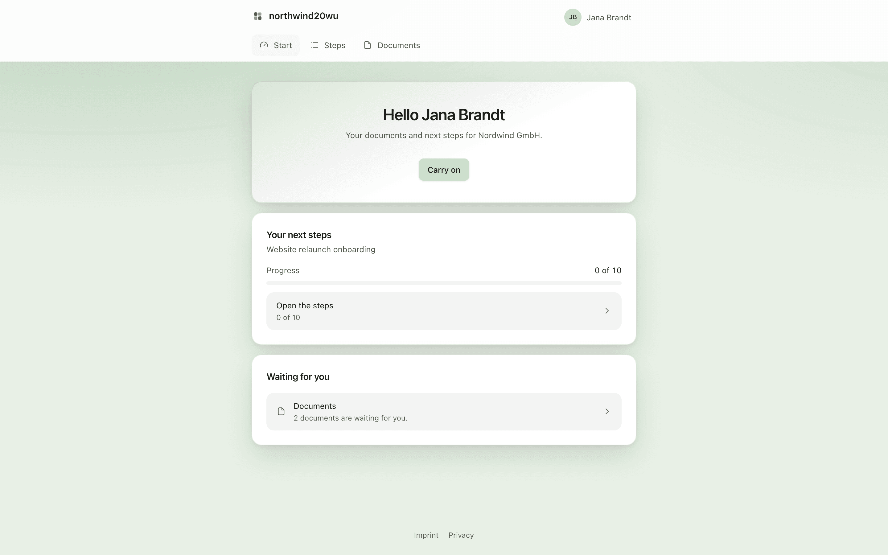 The customer's Start page with onboarding progress and waiting documents