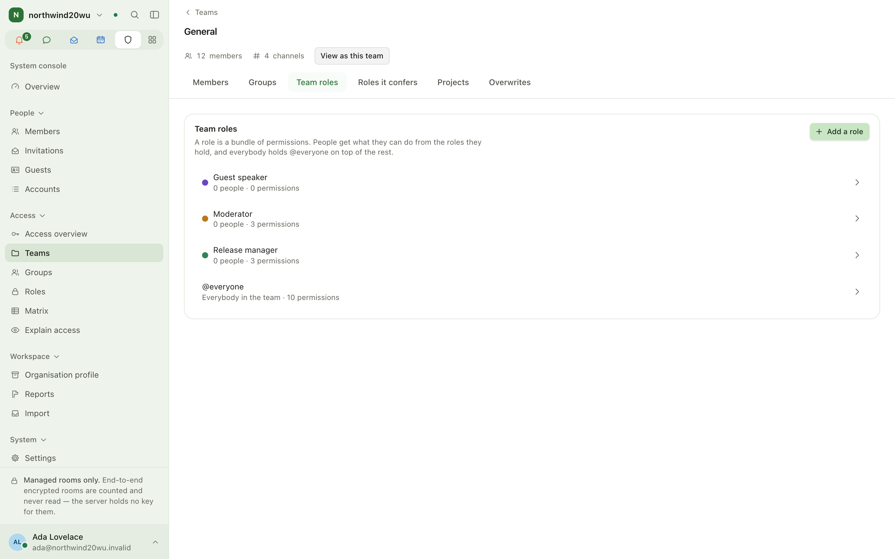 A team's page on the Team roles section