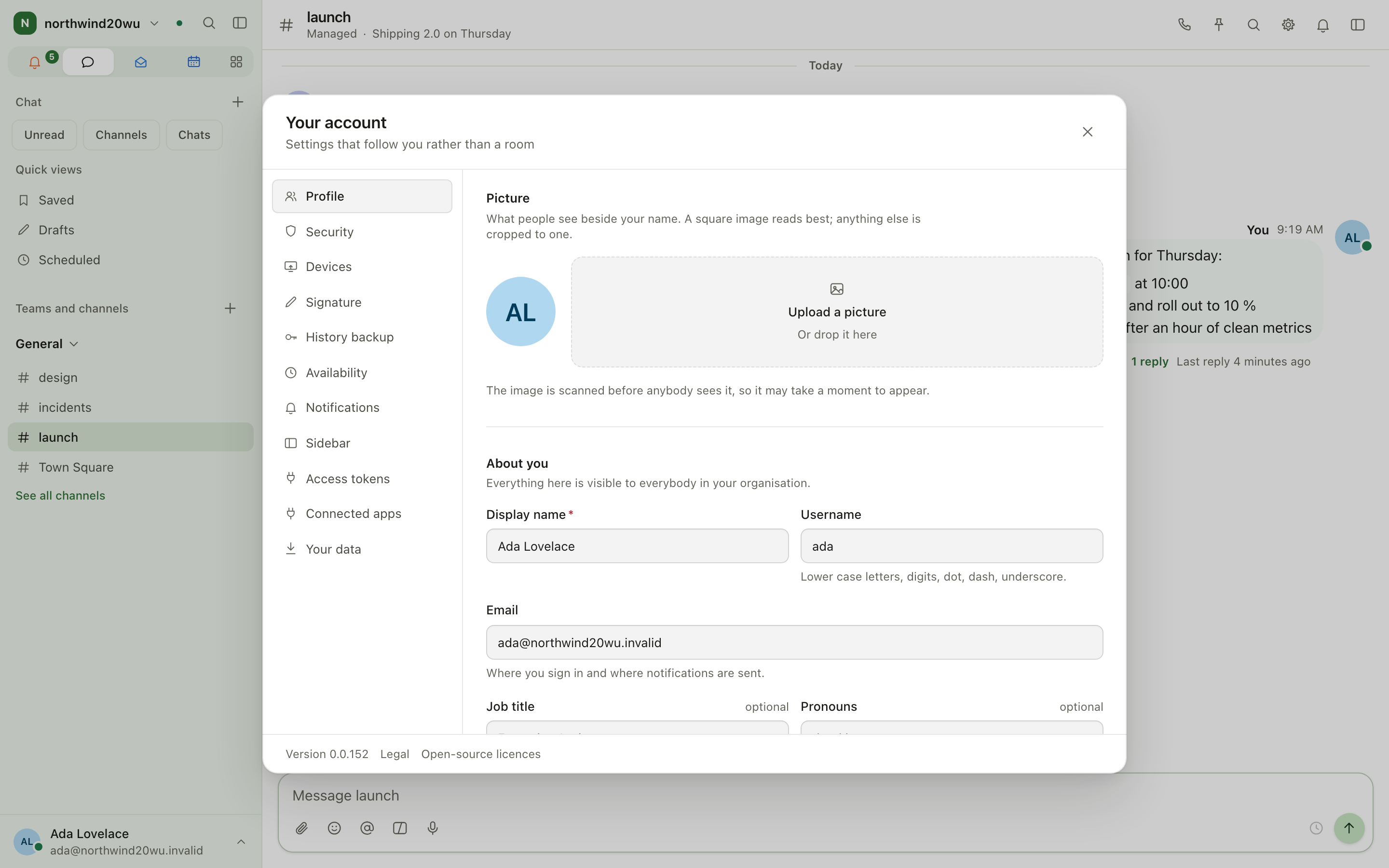The account settings dialog