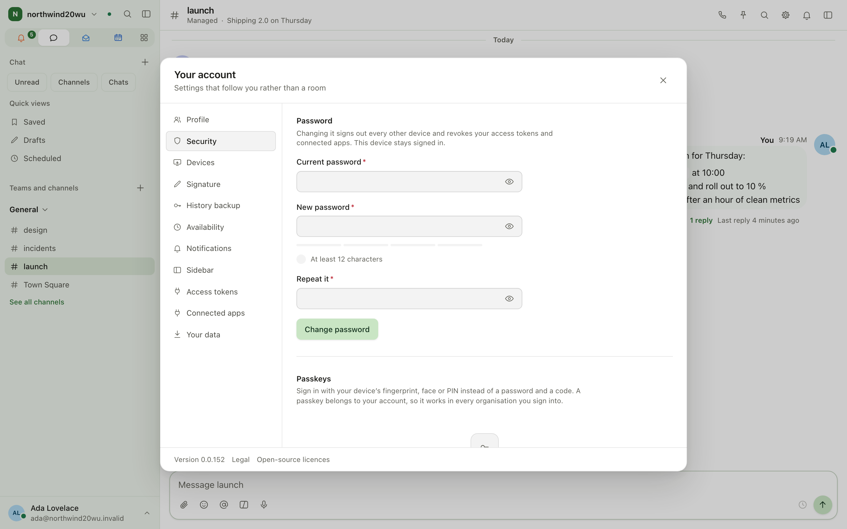 Security settings with a passkey