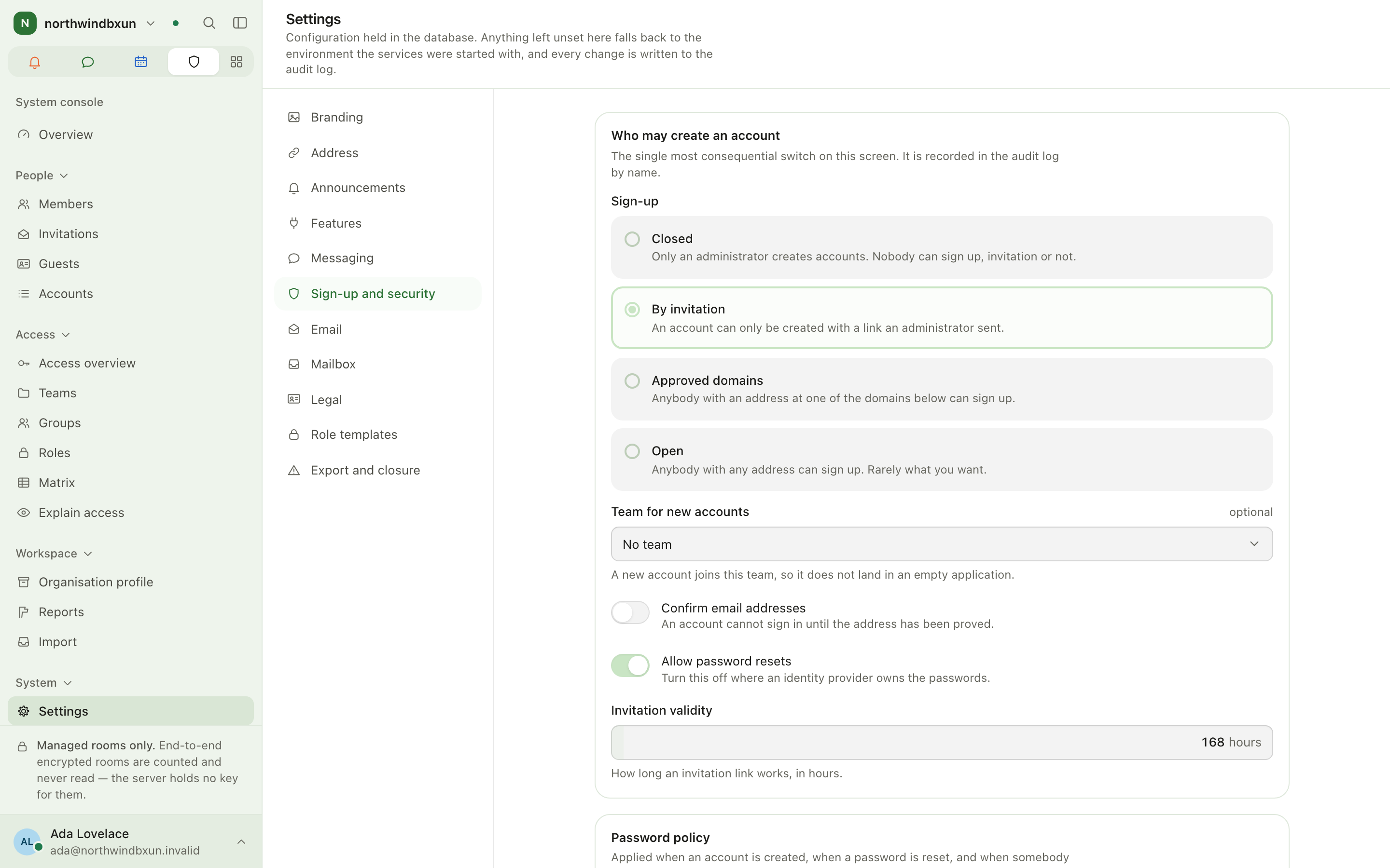 Settings with the Sign-up and security pane open