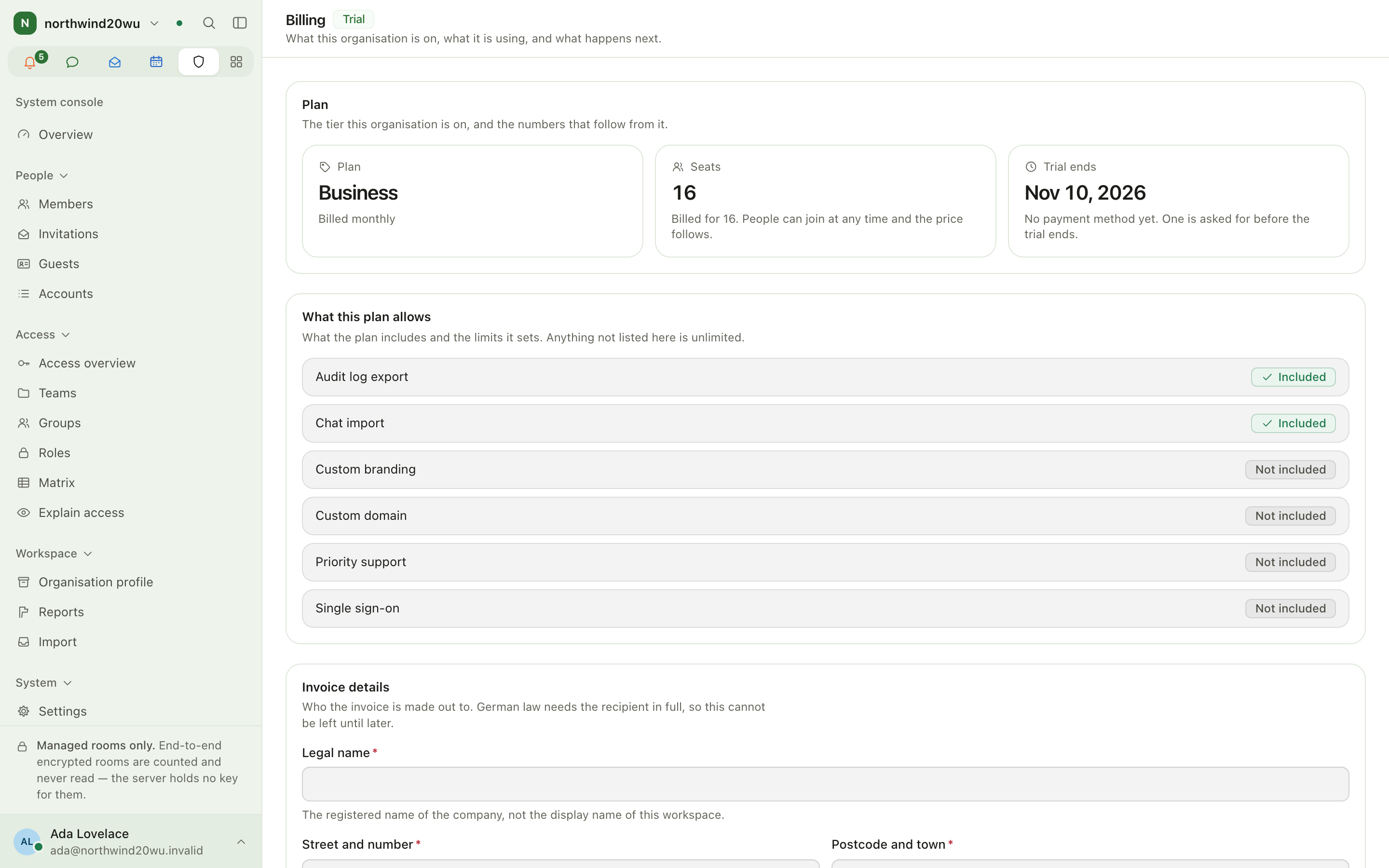 Billing page during a trial