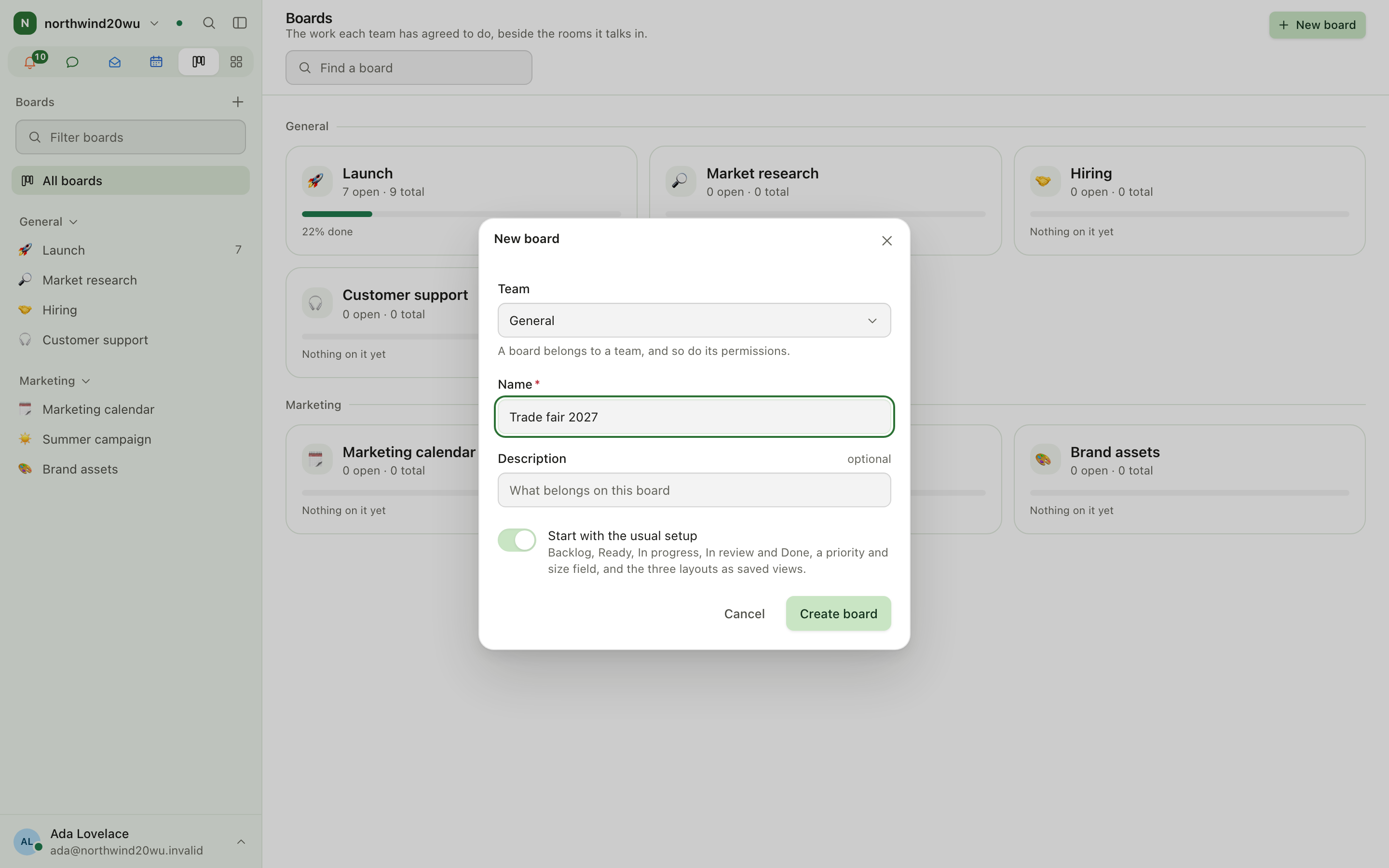 New board dialog