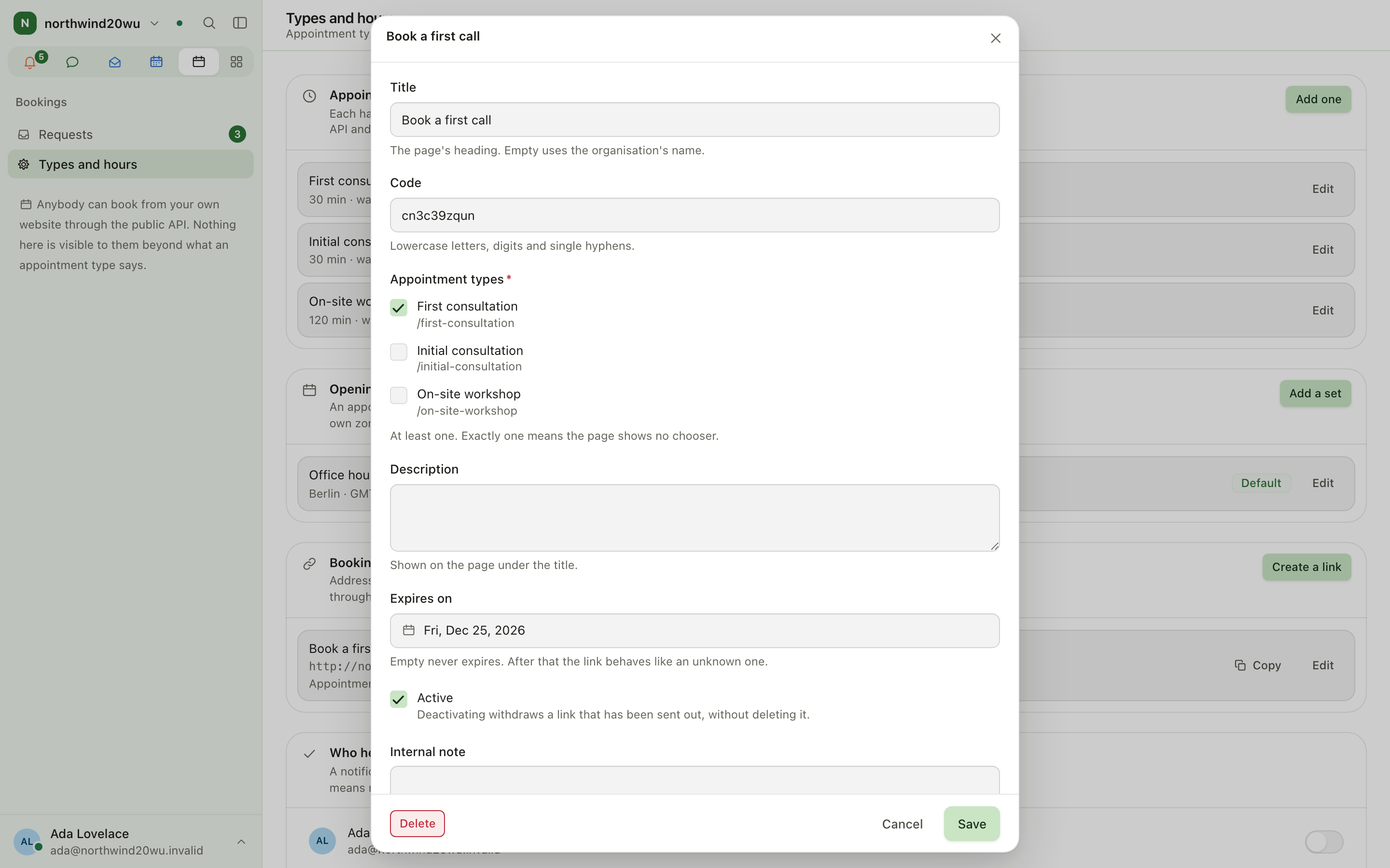 Booking link editor