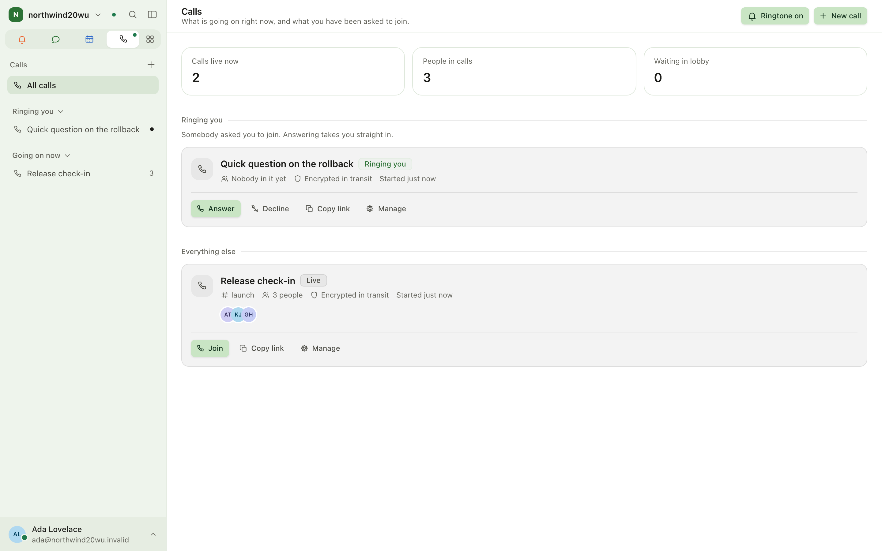 The Calls page with live calls