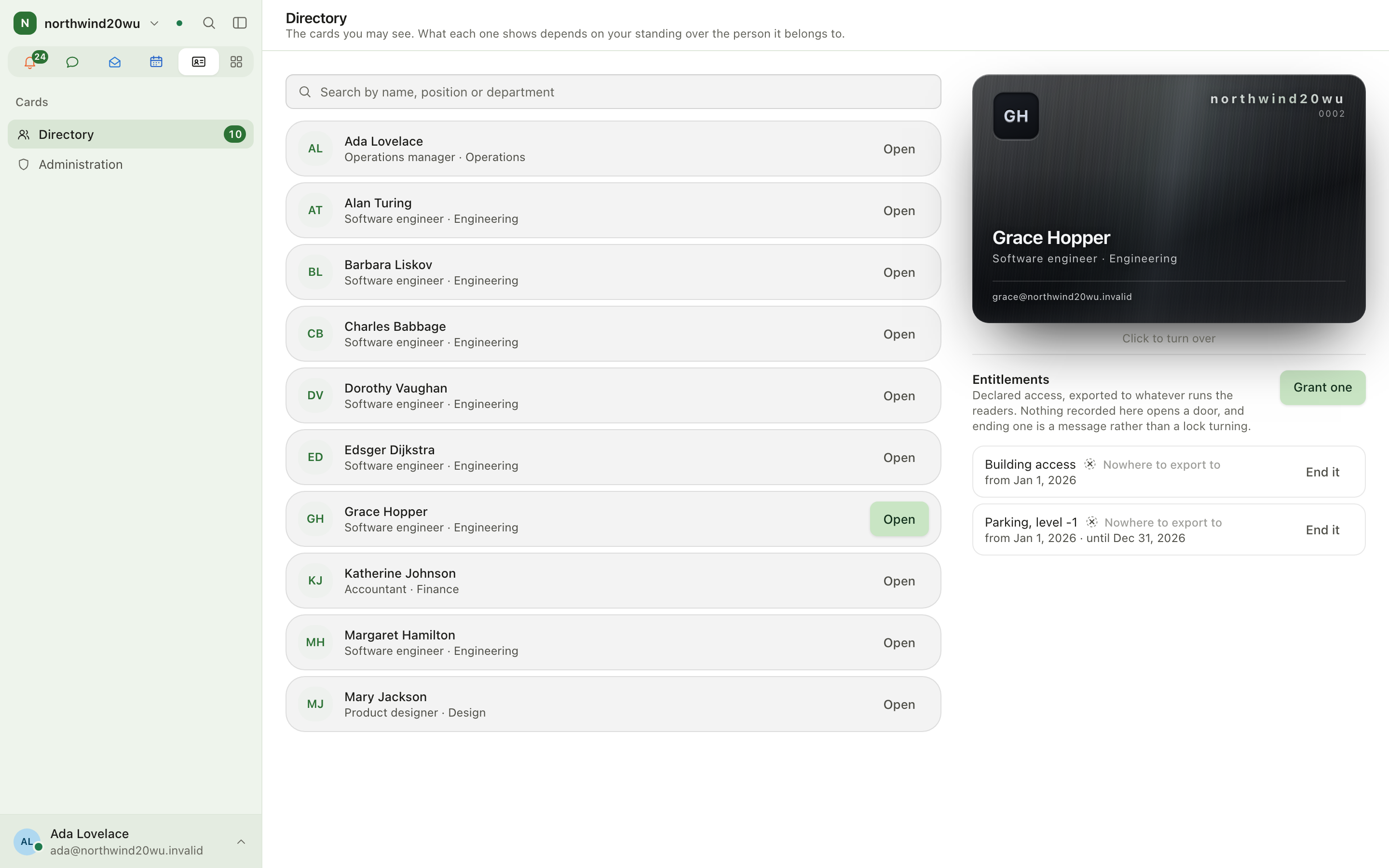 Card directory with a card opened