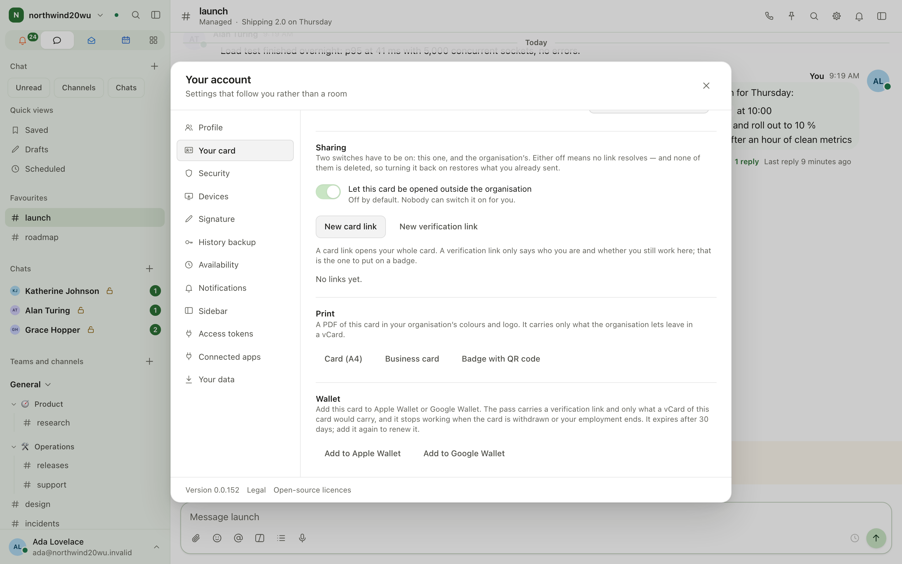 Your card in account settings