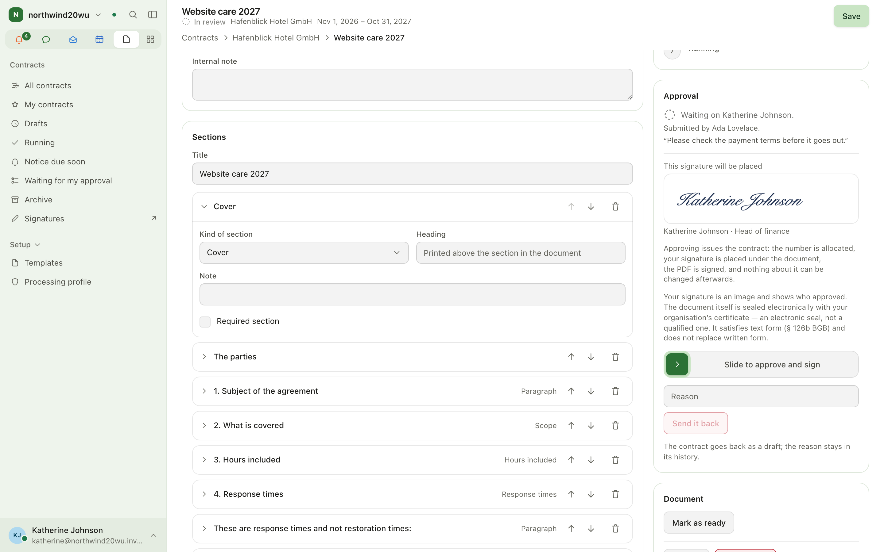 Approval card waiting on a named approver
