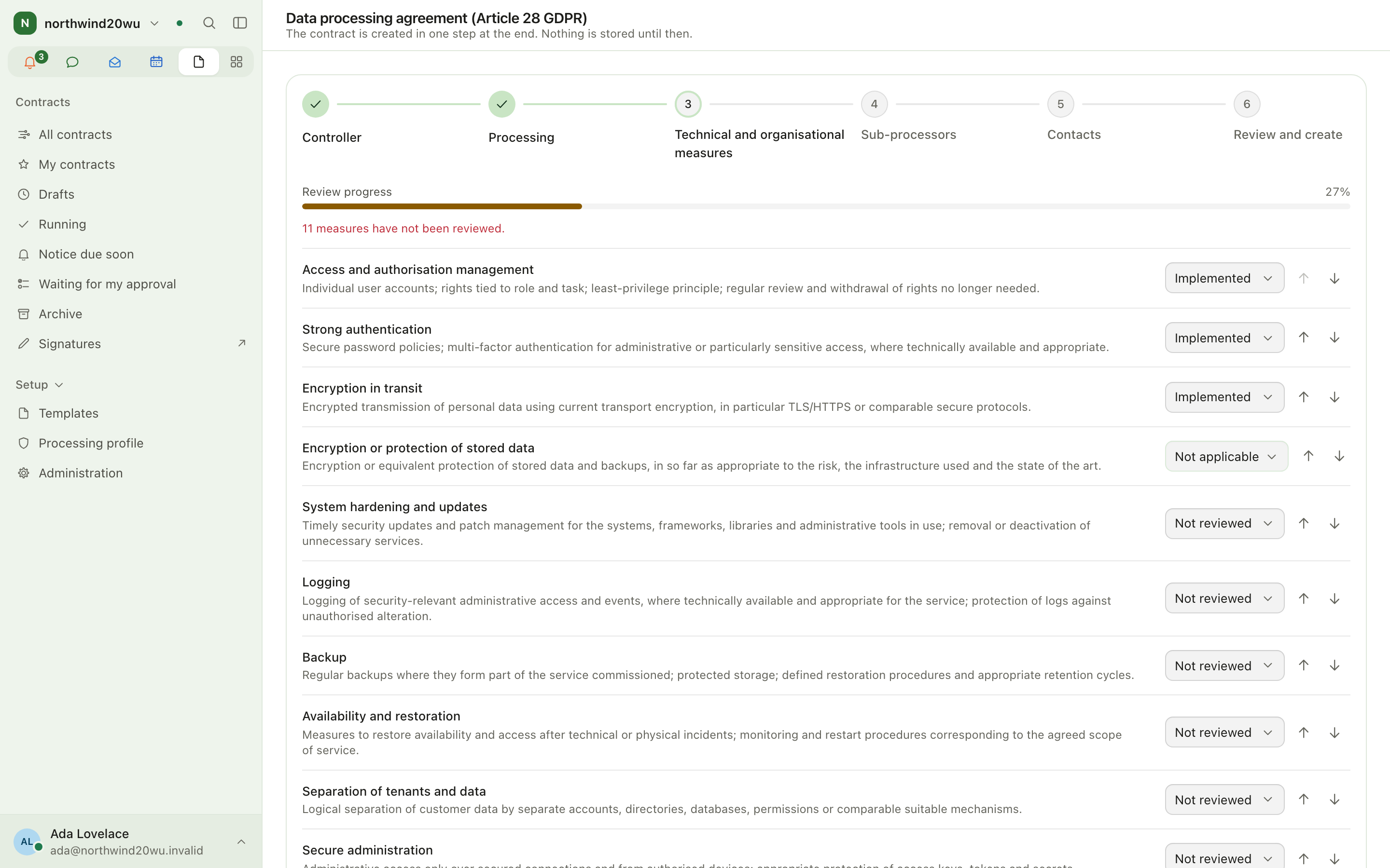 DPA wizard on the Technical and organisational measures step