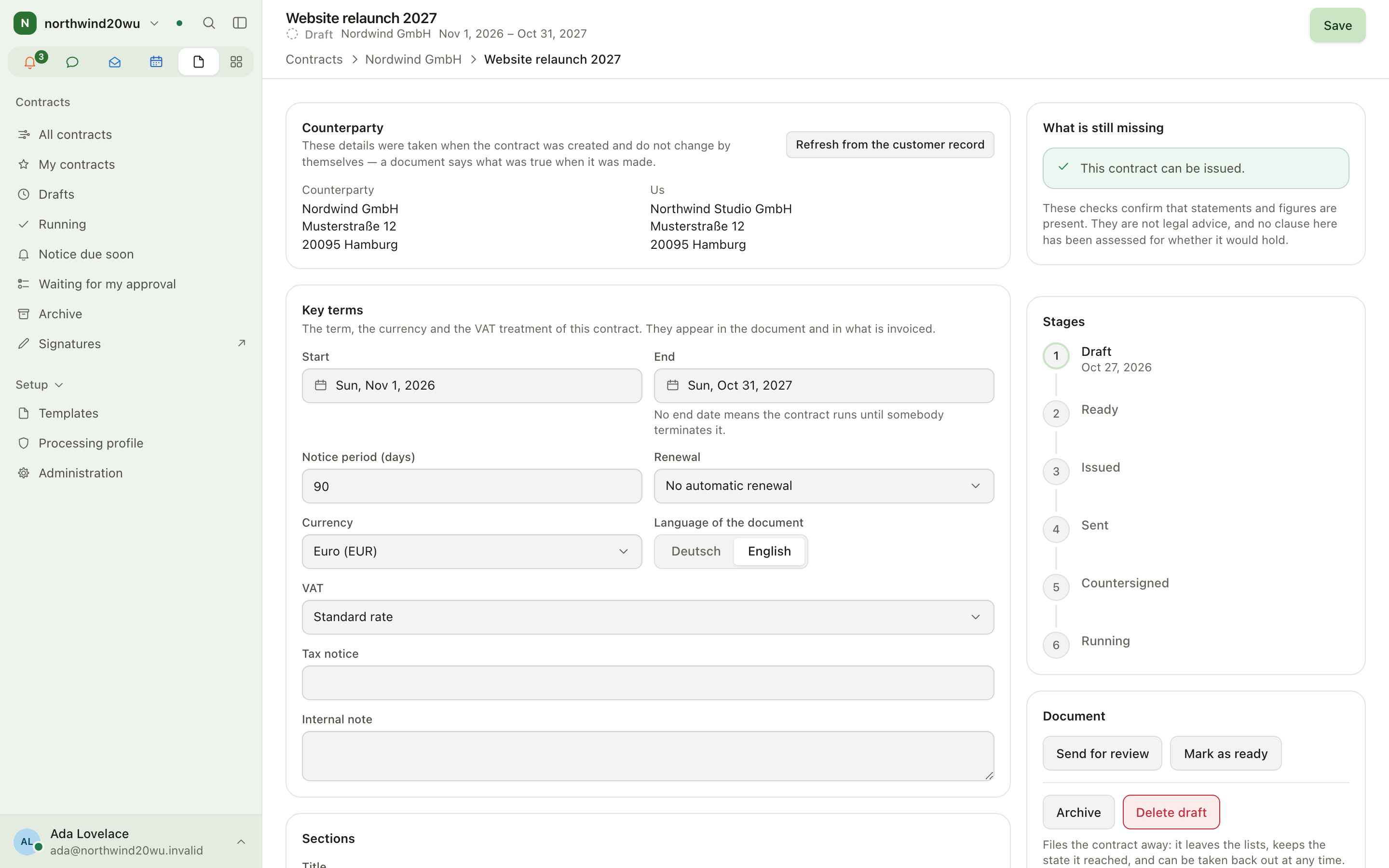 Draft contract with Counterparty, Key terms, the readiness panel and Stages