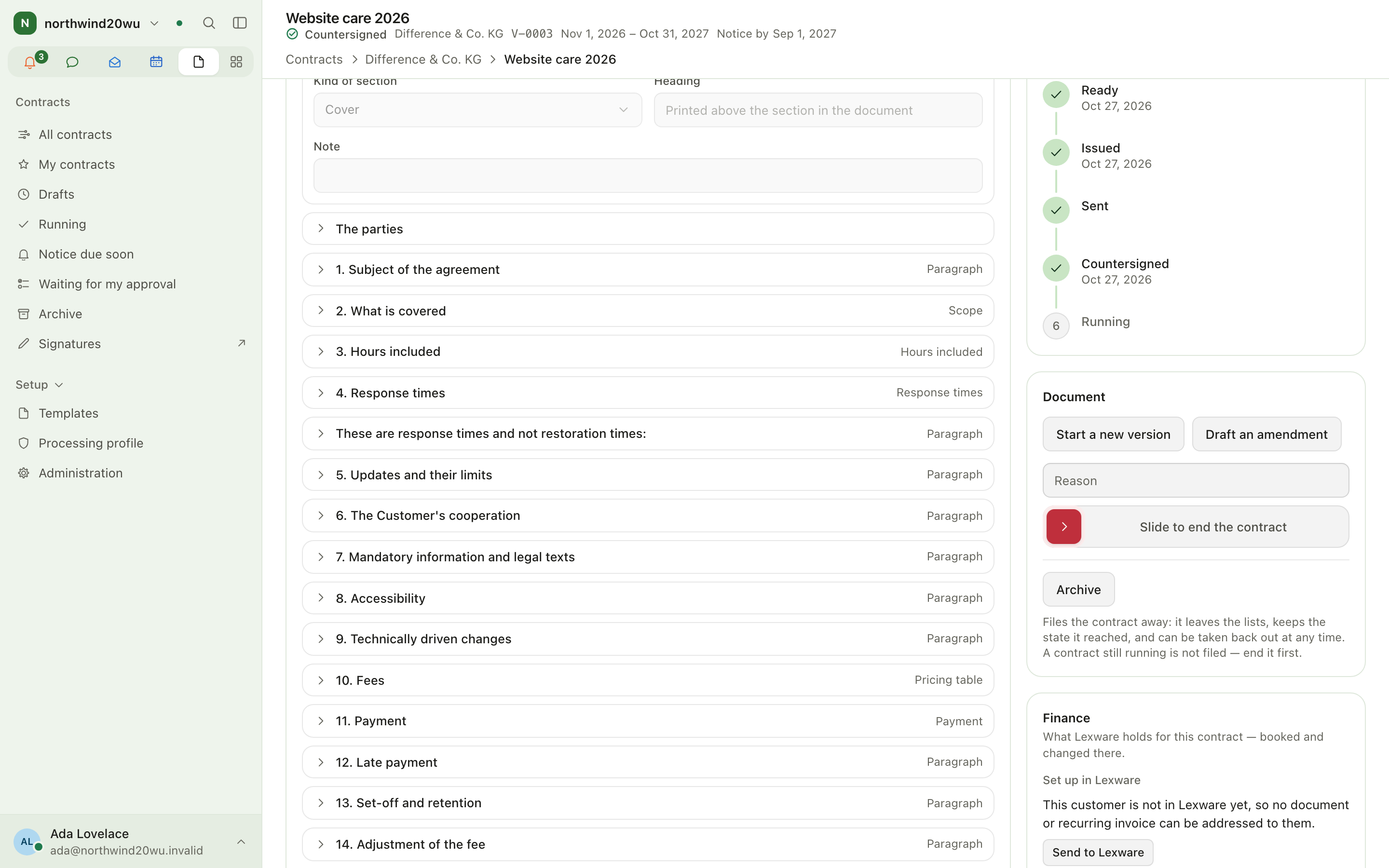 Running contract with the end and new-version actions