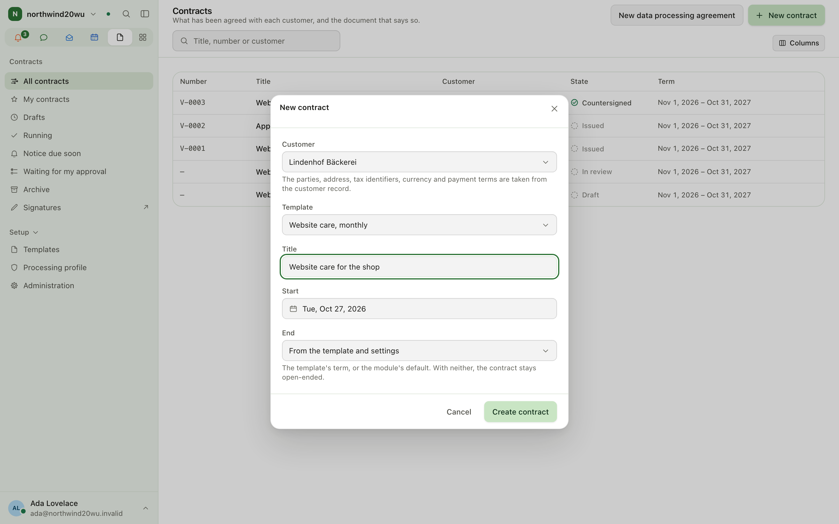 New contract dialog with customer, template and start date chosen