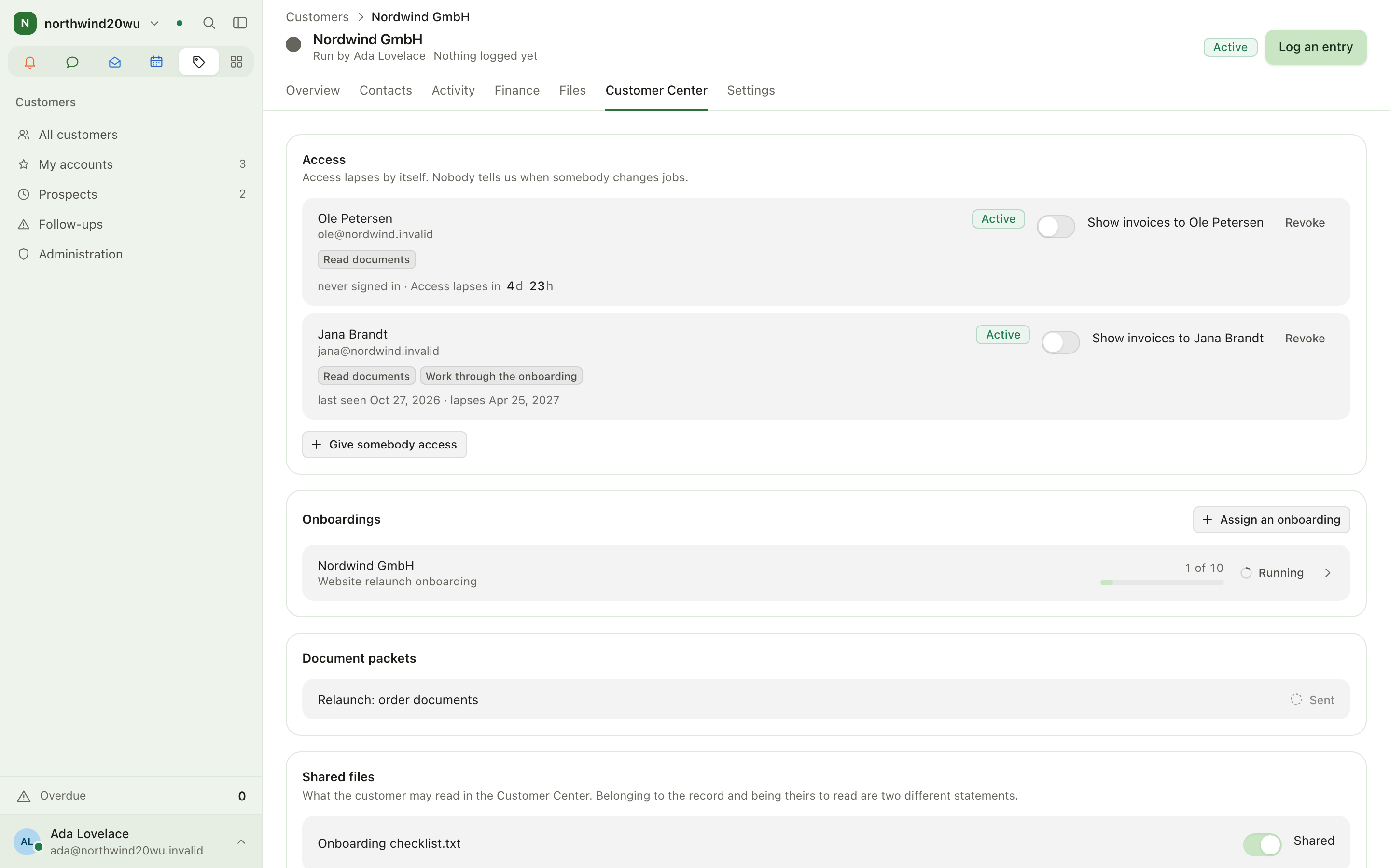 Customer record, Customer Center tab with Access and Shared files