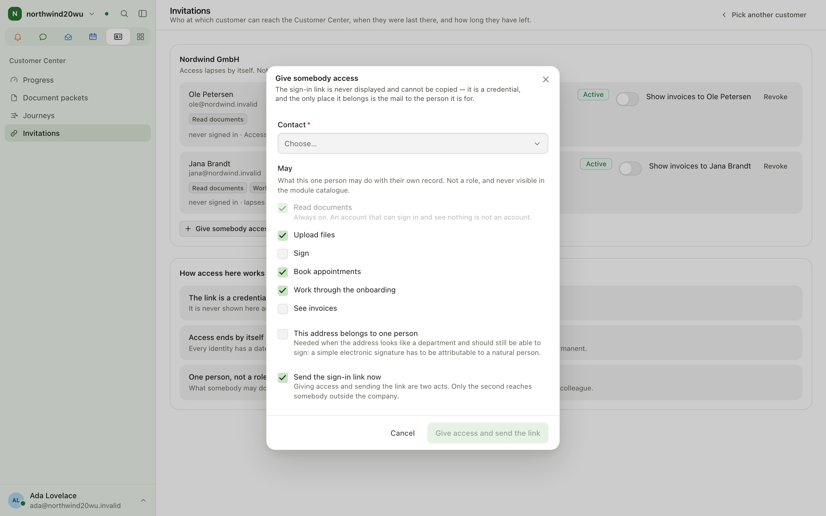 Invitations: a customer's access list with the invite dialog open