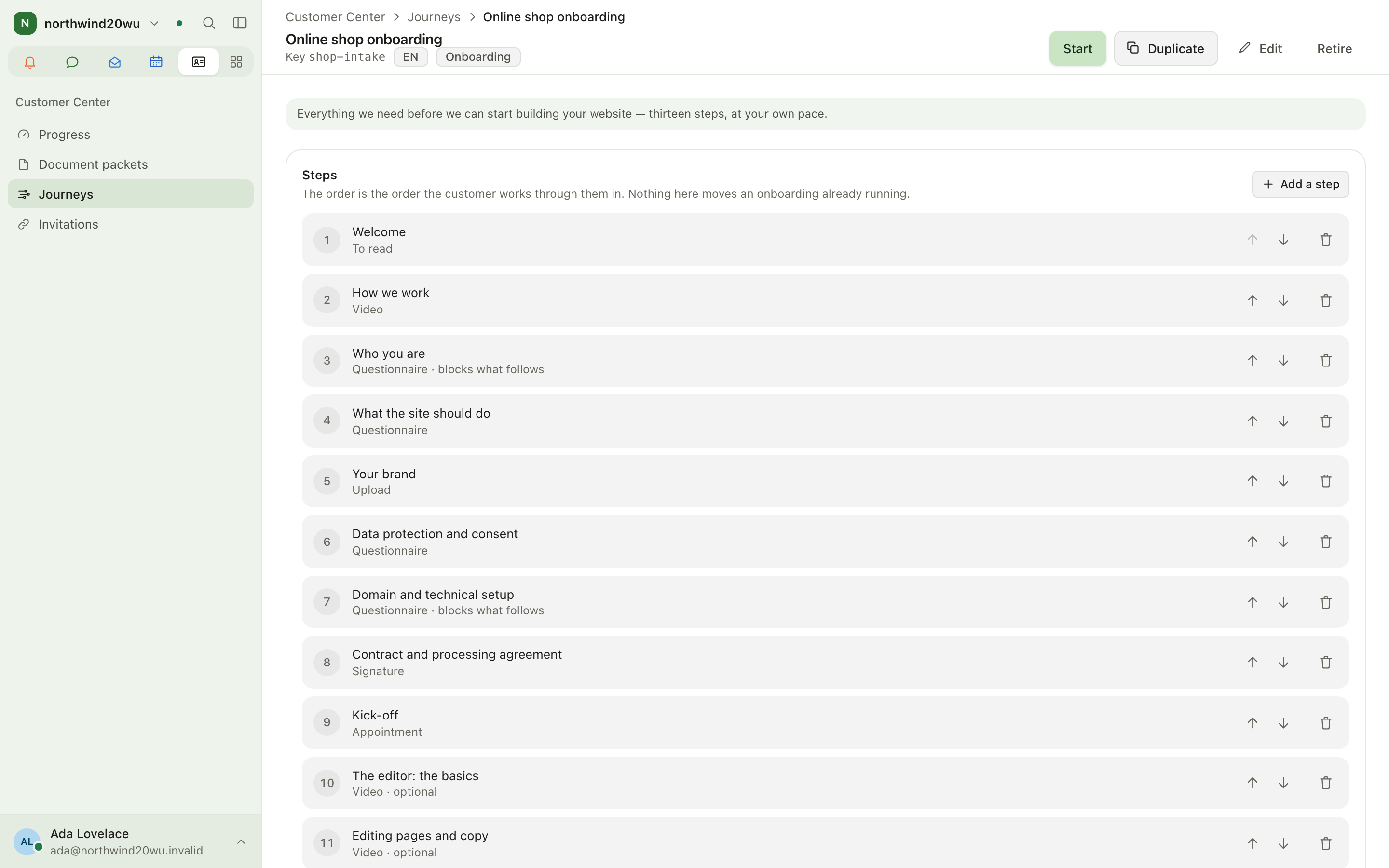 Journey template editor with steps listed