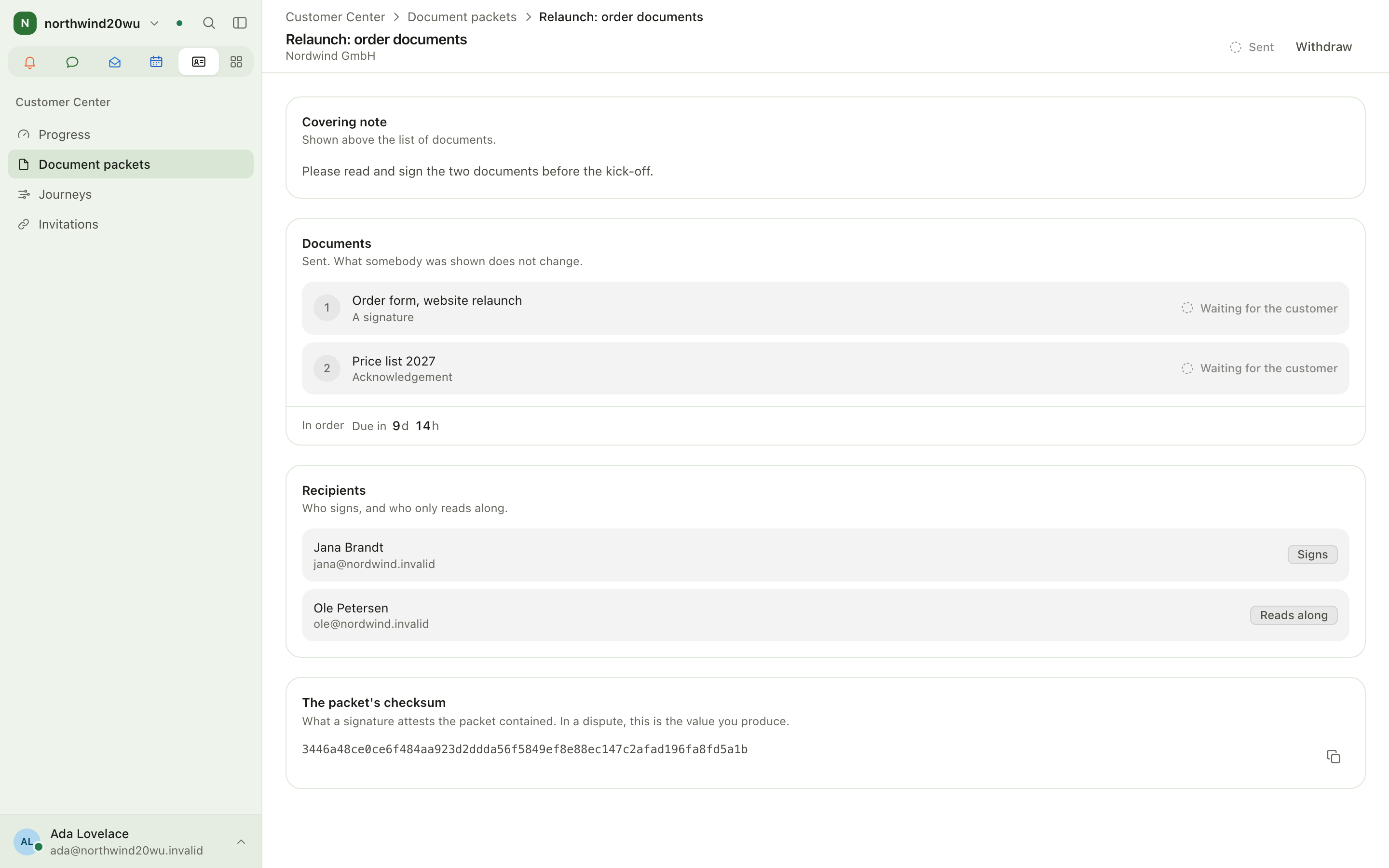 A sent document packet with documents, recipients and checksum