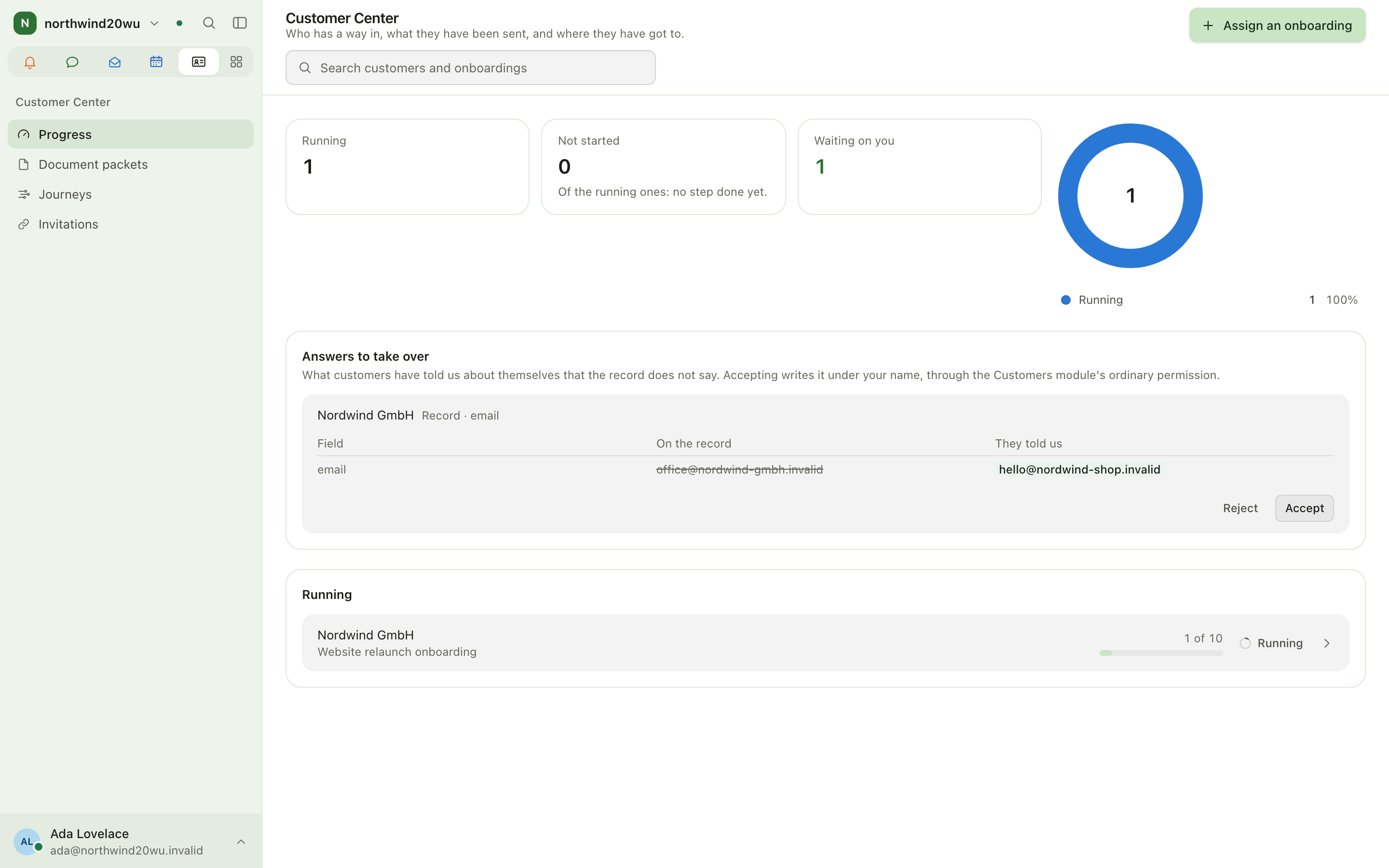 Progress screen with stats, the answers queue and running onboardings