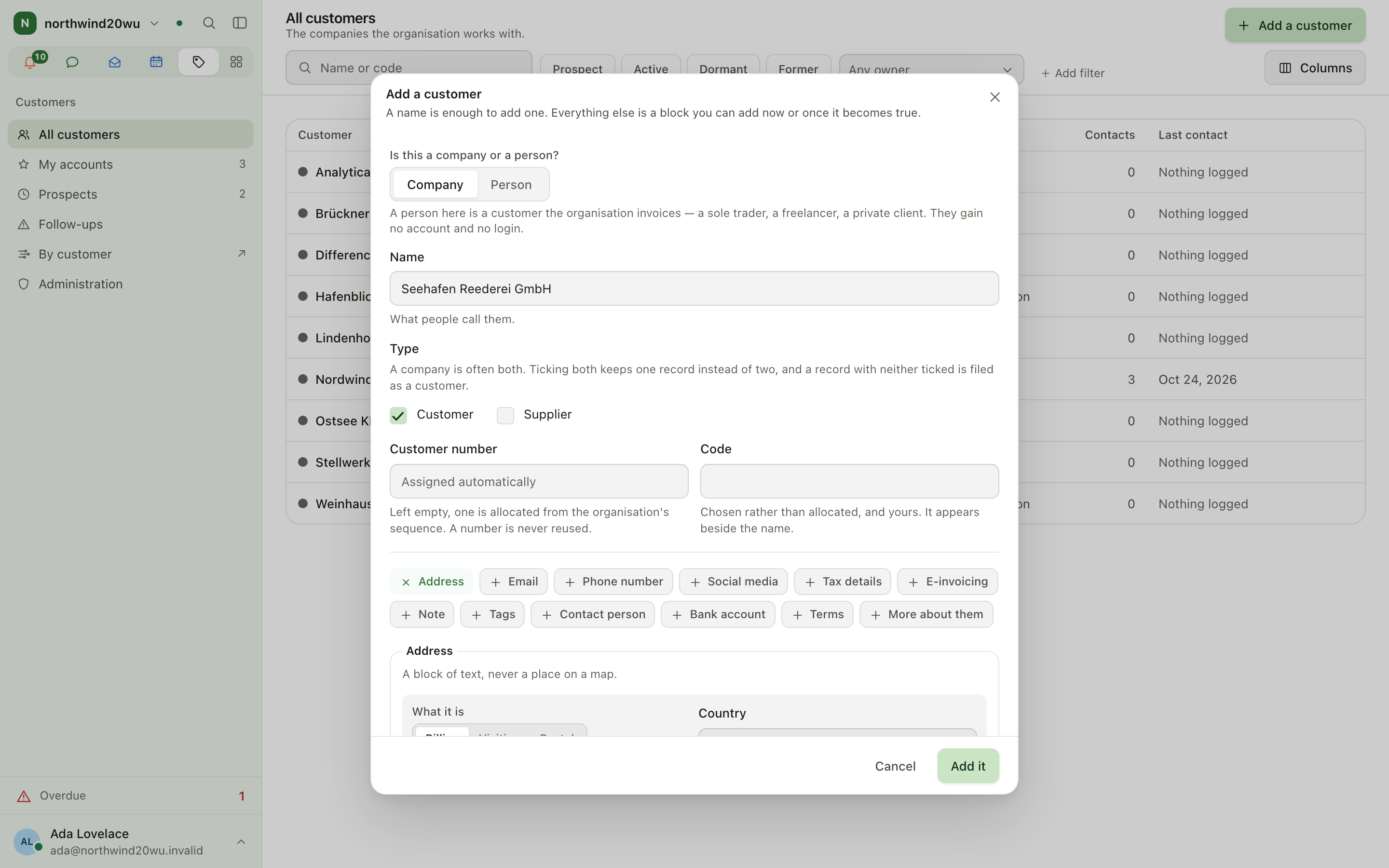 Add a customer dialog with the name and address blocks filled in