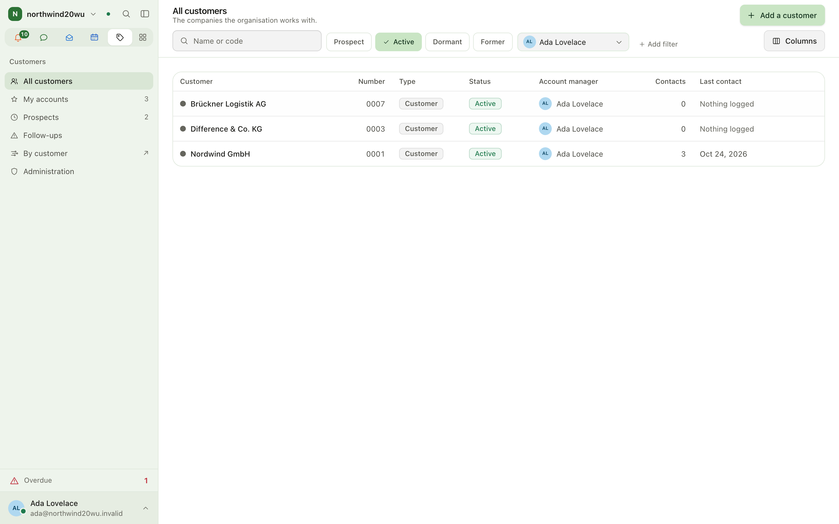 Customer list filtered by status and owner