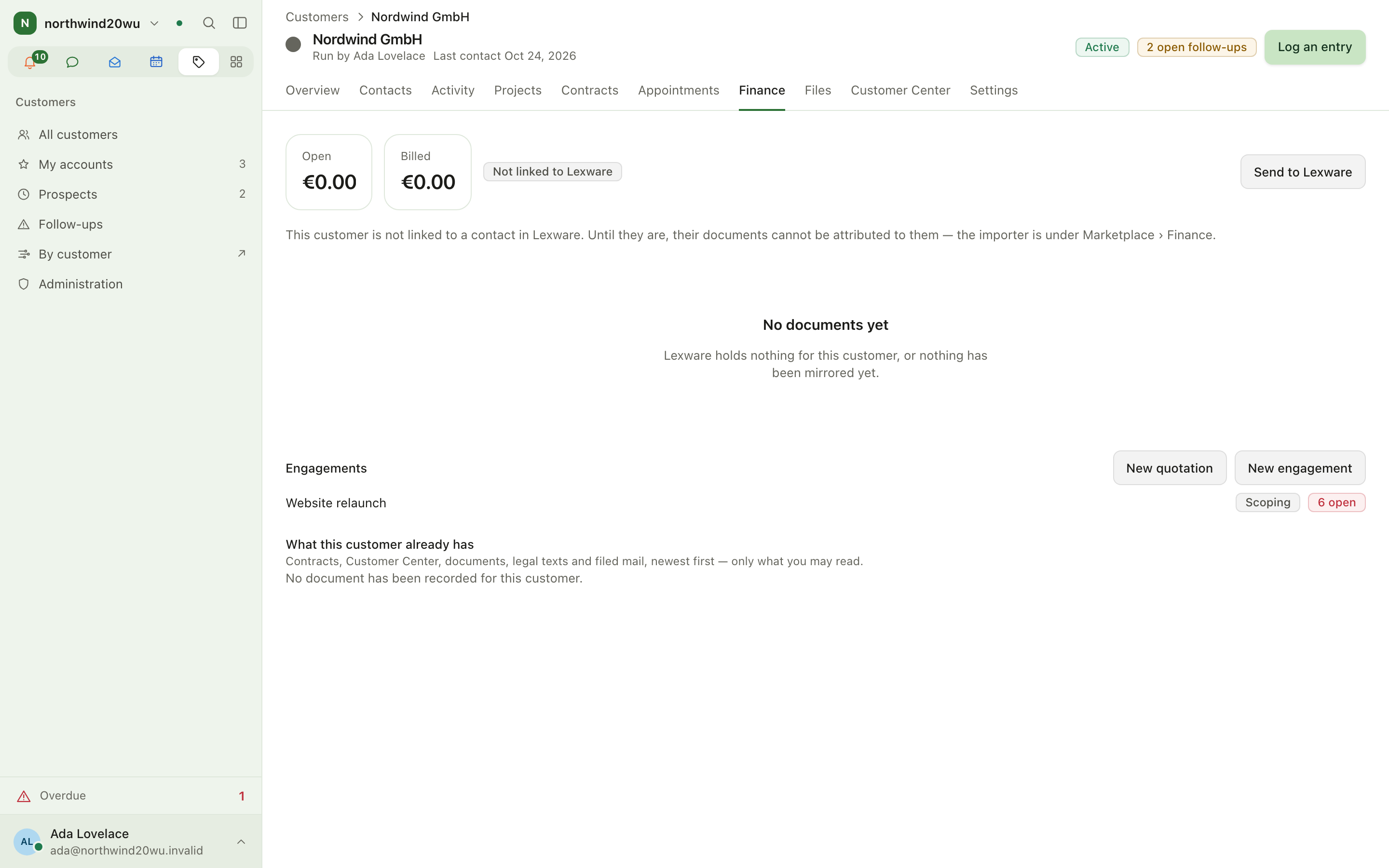 Finance tab with the New quotation and New engagement buttons