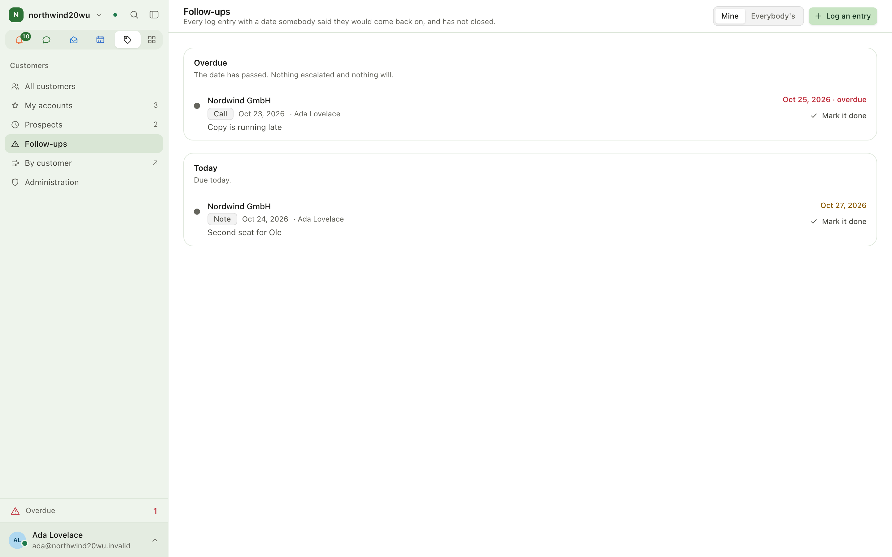 Follow-ups screen with overdue and today groups