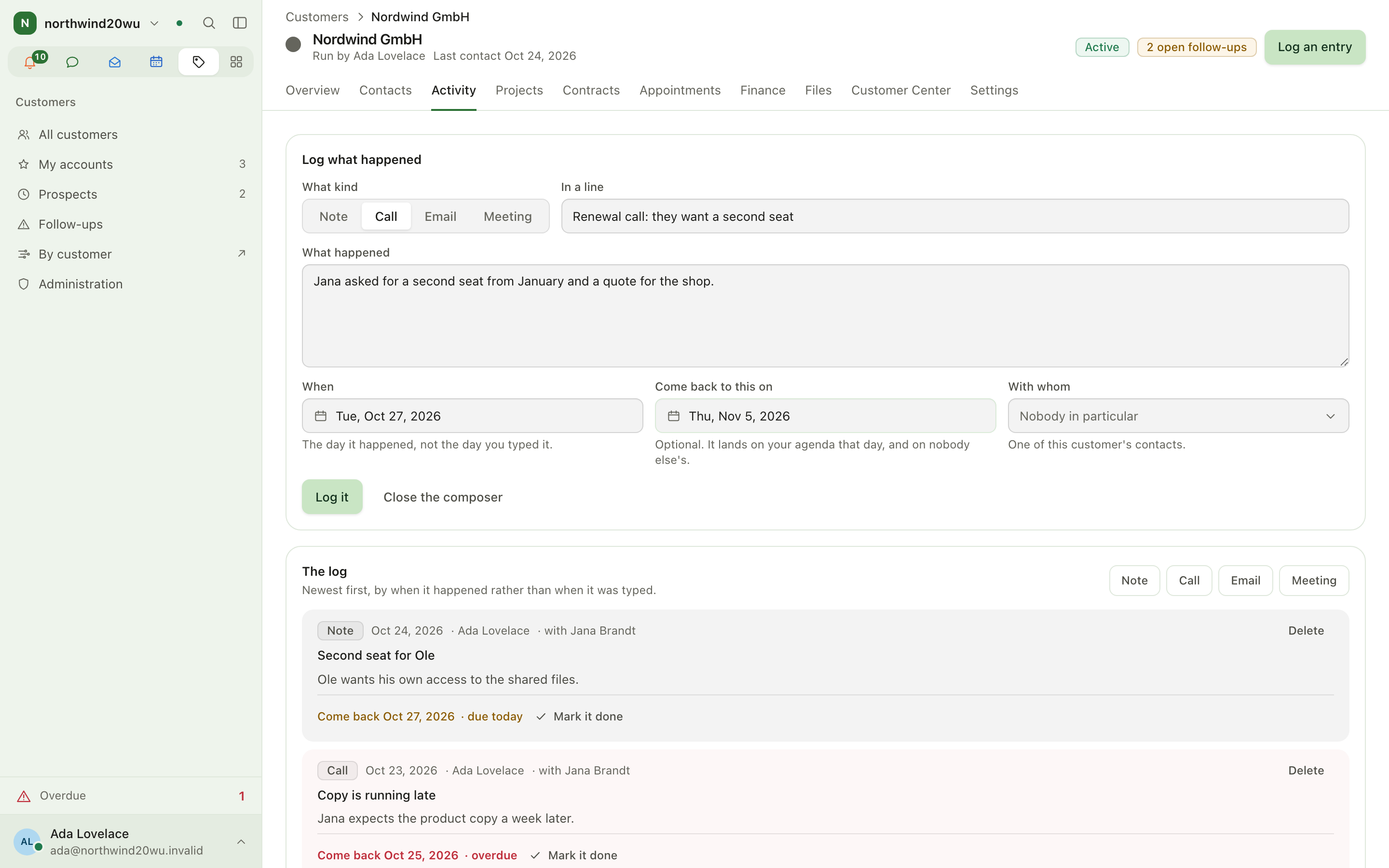 Activity tab with the composer open and a follow-up date set