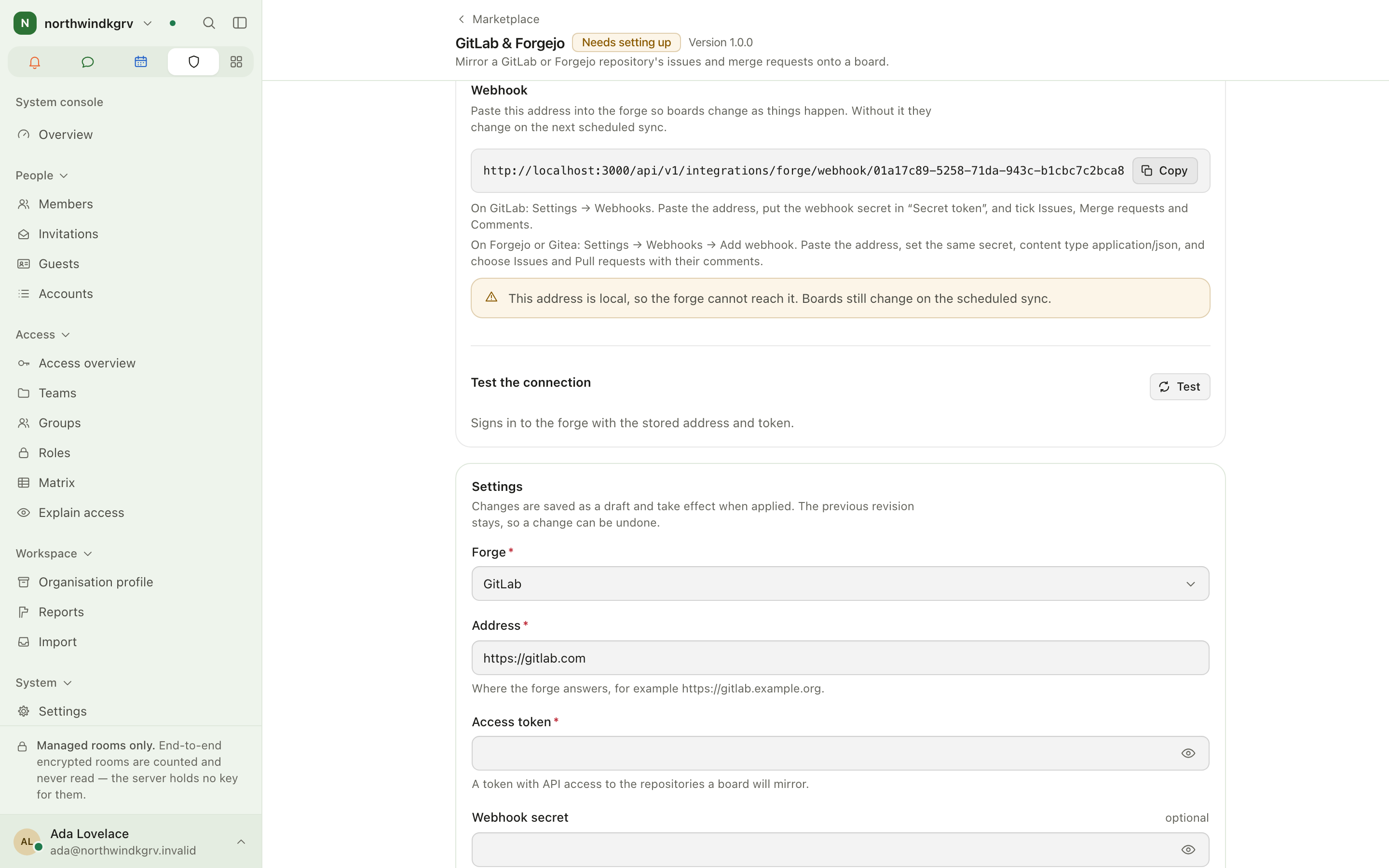 GitLab & Forgejo marketplace page with the webhook panel