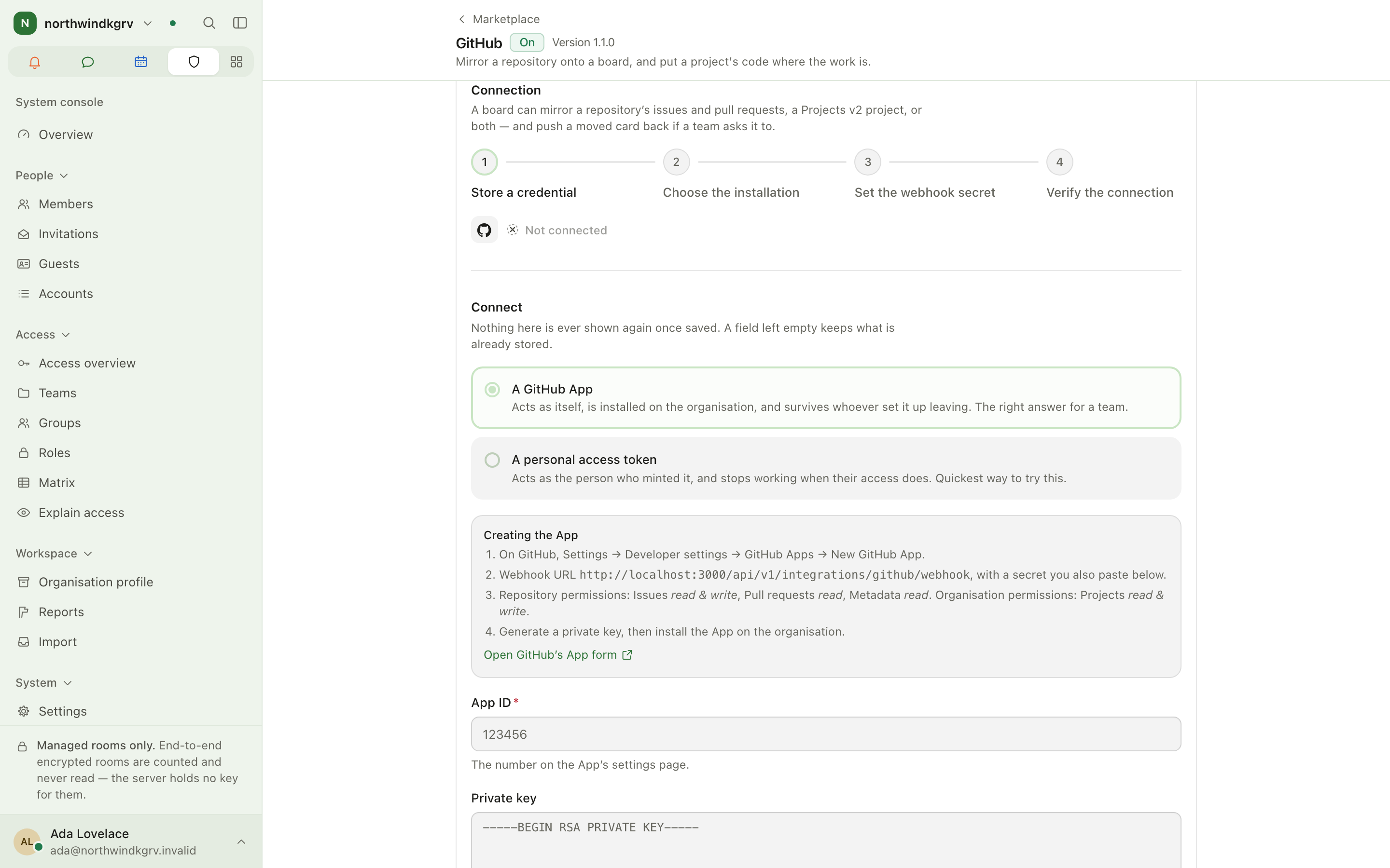GitHub connection panel with setup progress