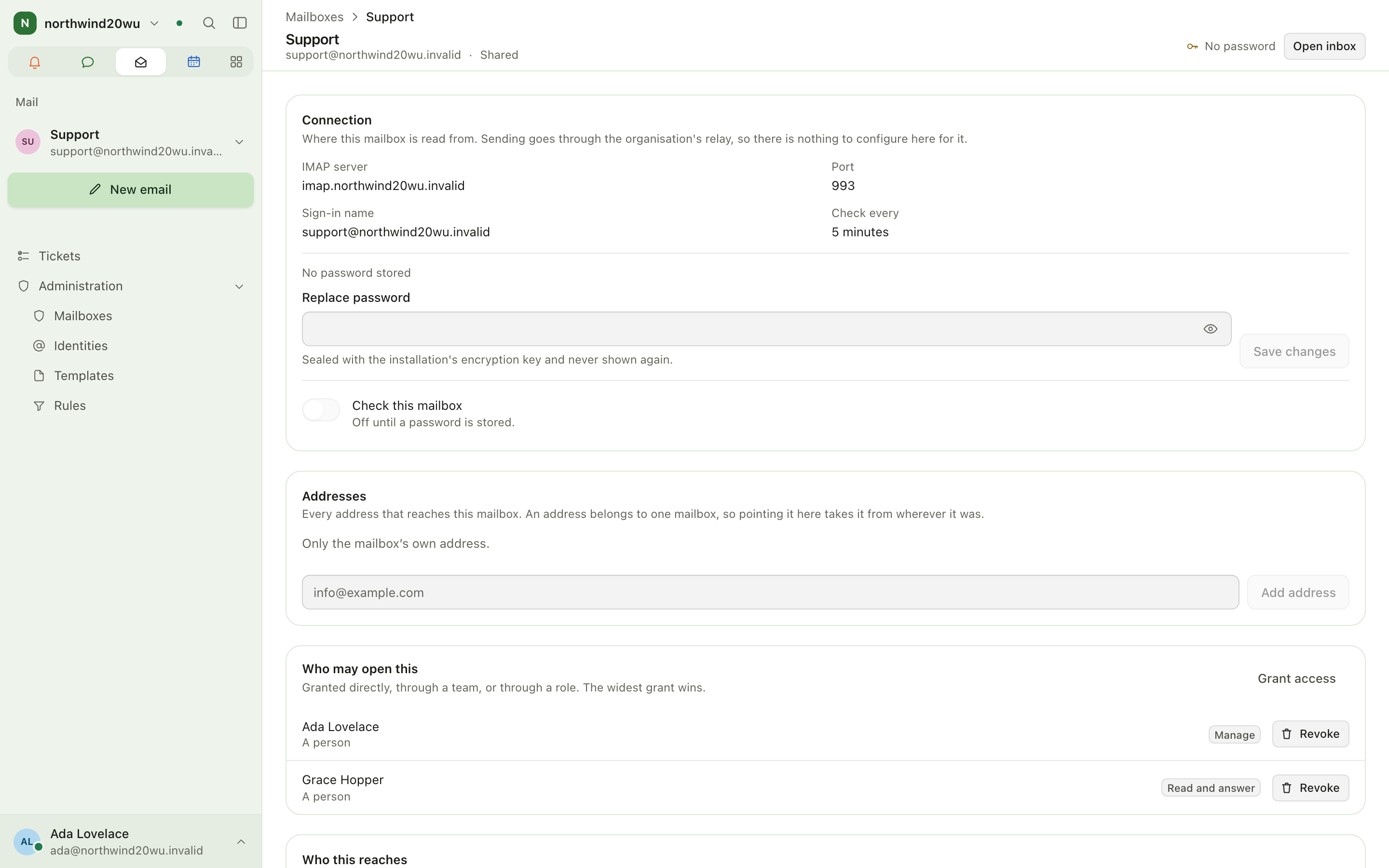 Mailbox detail with breadcrumb, Open inbox, connection and grants