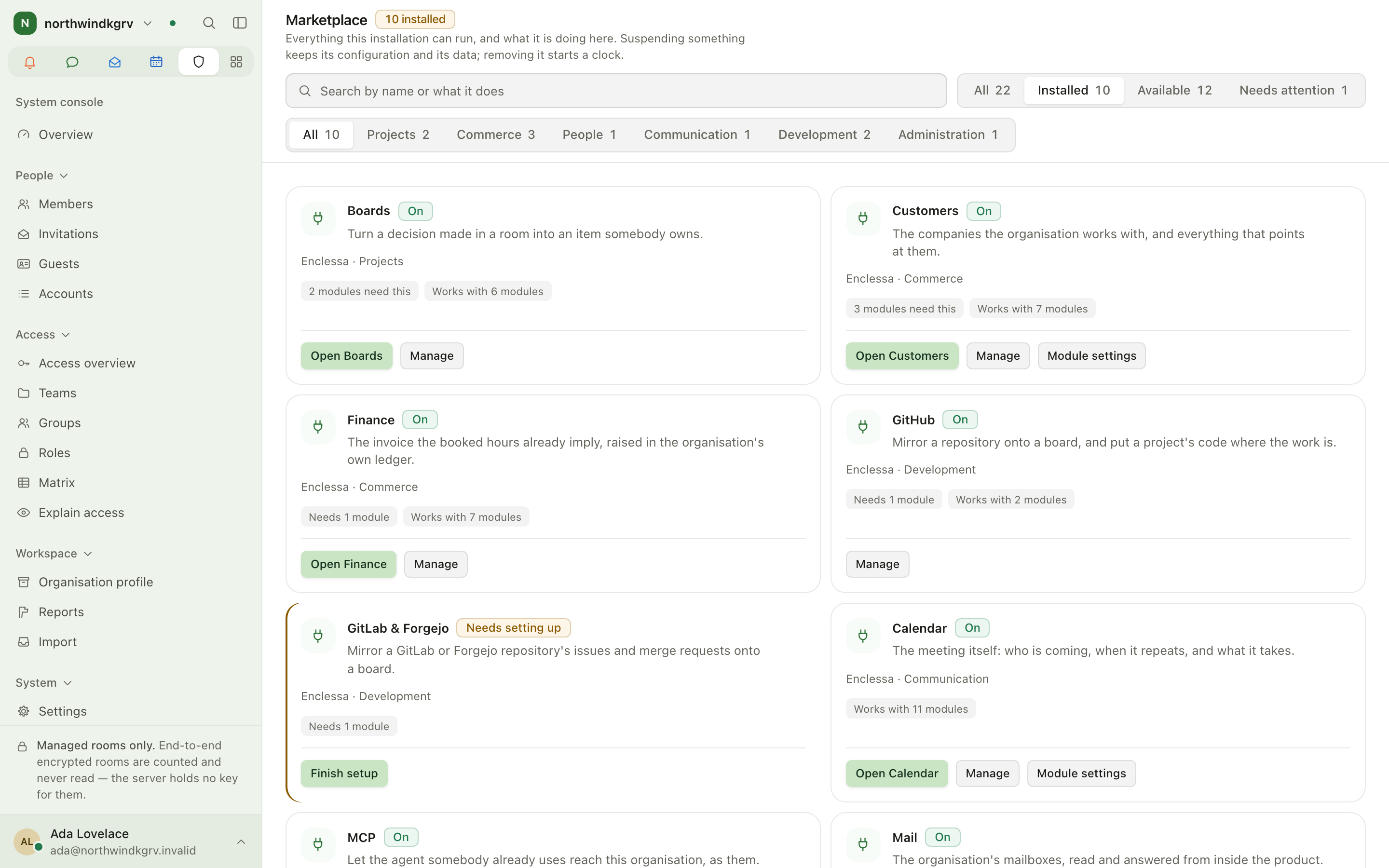 Marketplace catalogue filtered to Installed