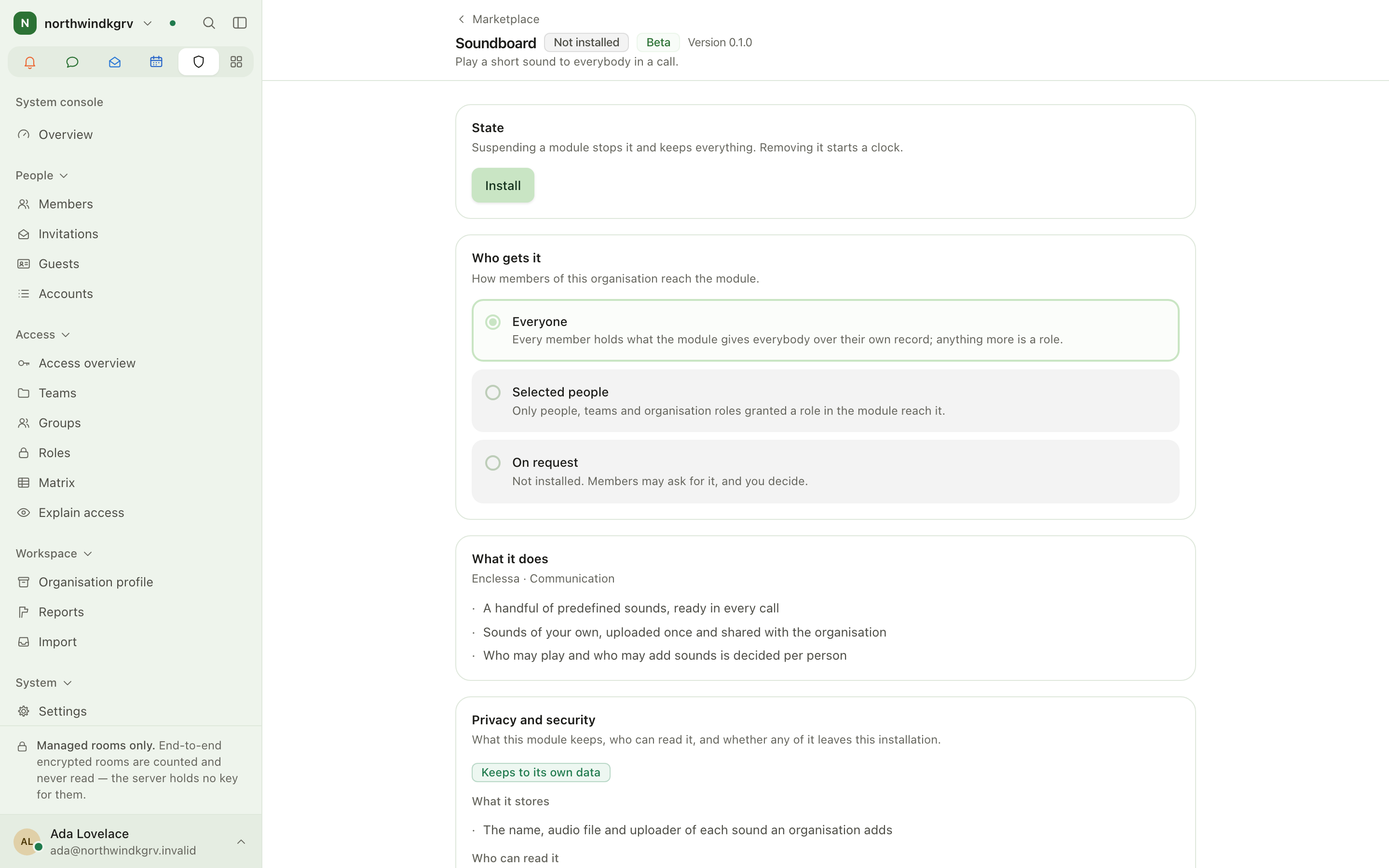 A module page before it is installed