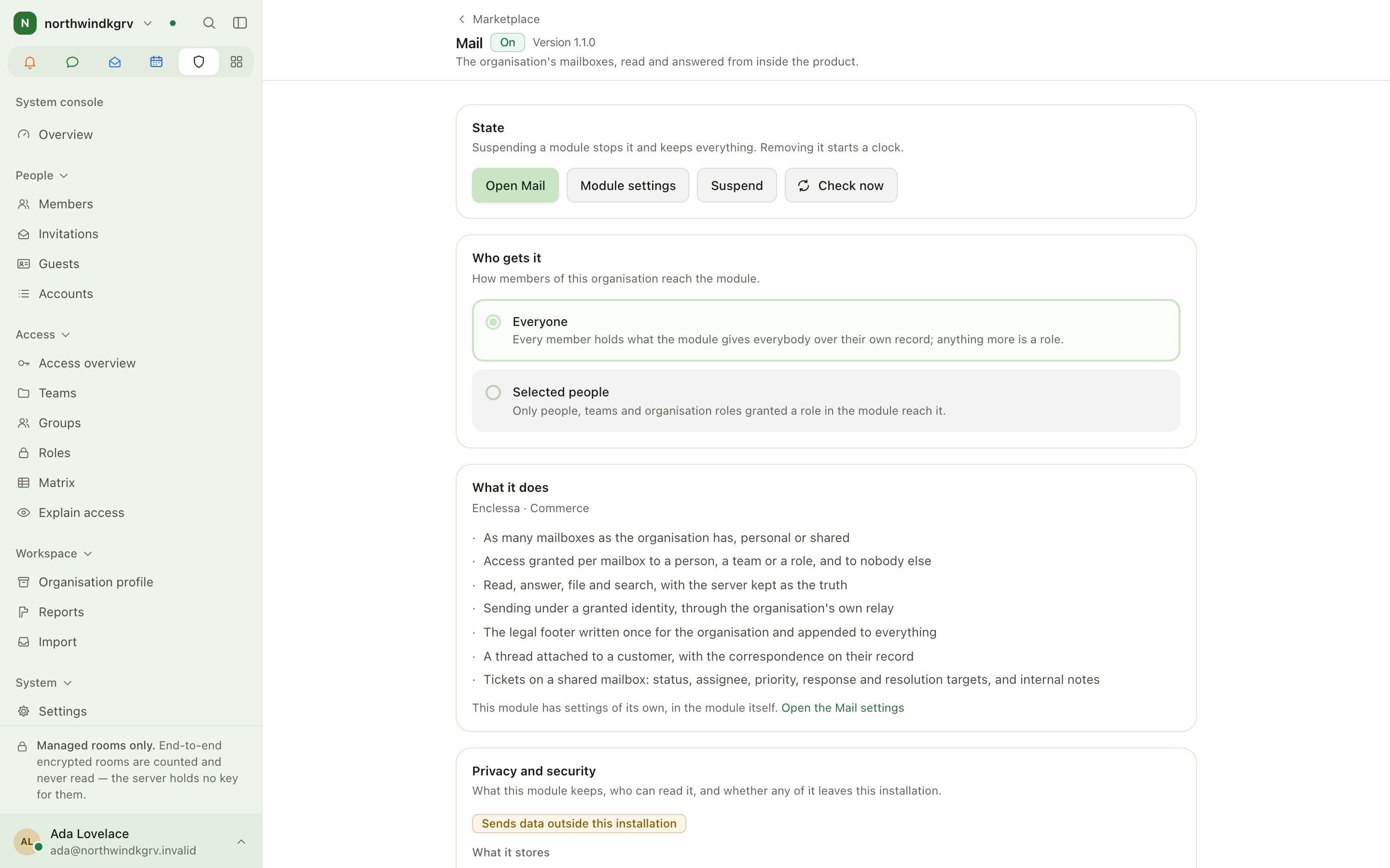 A running module with Open Mail, Module settings, Suspend and Who gets it