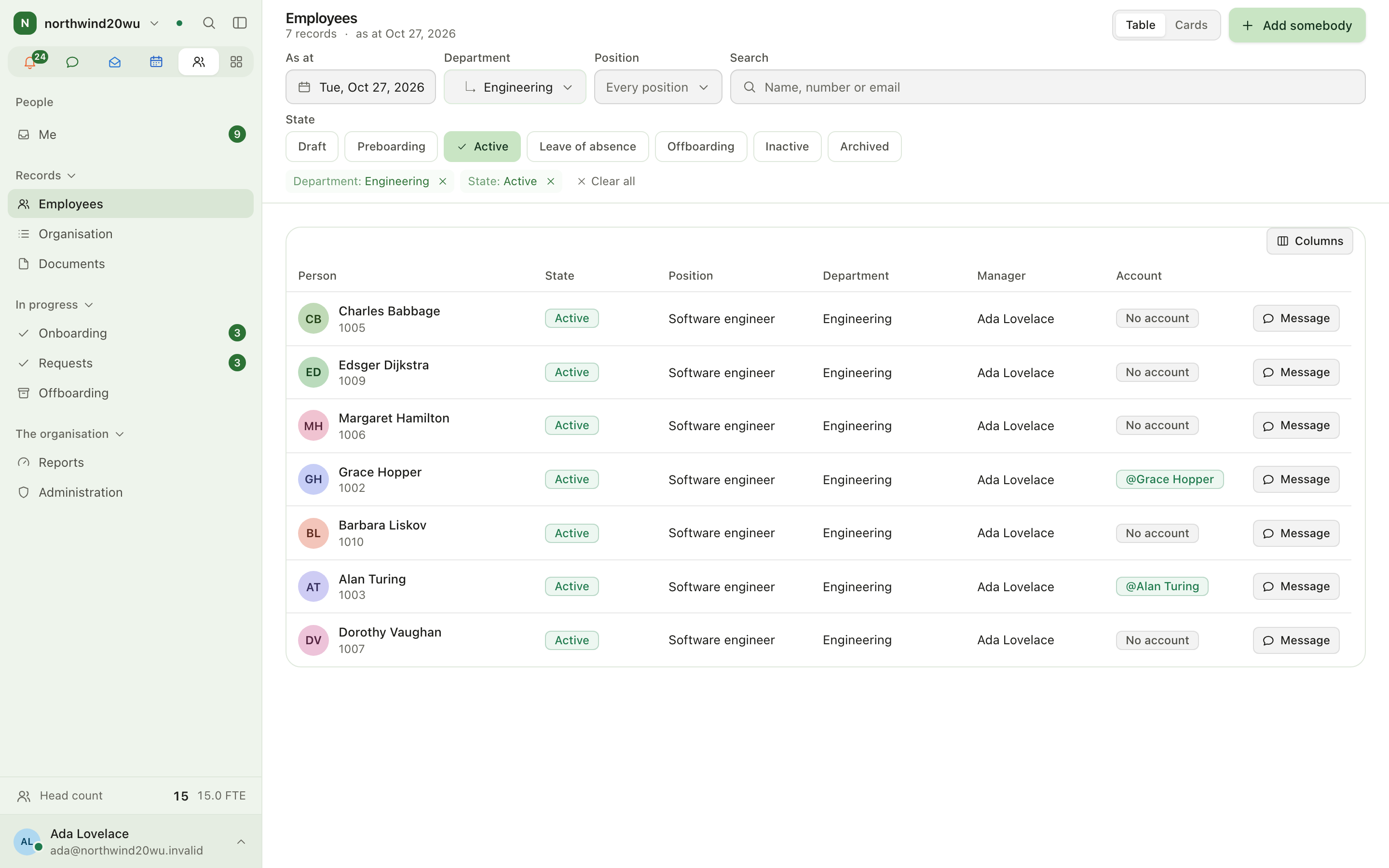 Employee directory with filters applied