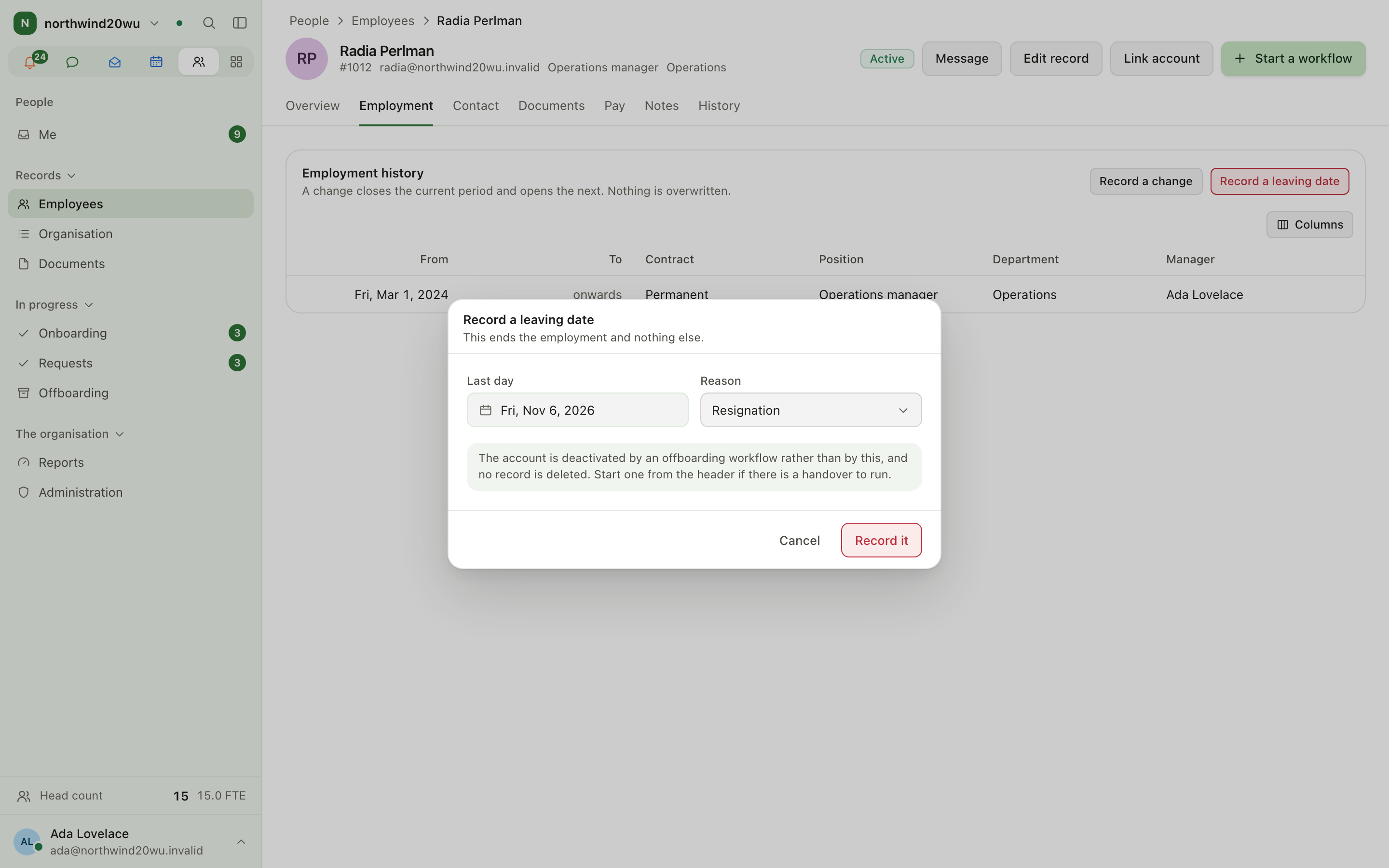 Employee record with the Record a leaving date dialog
