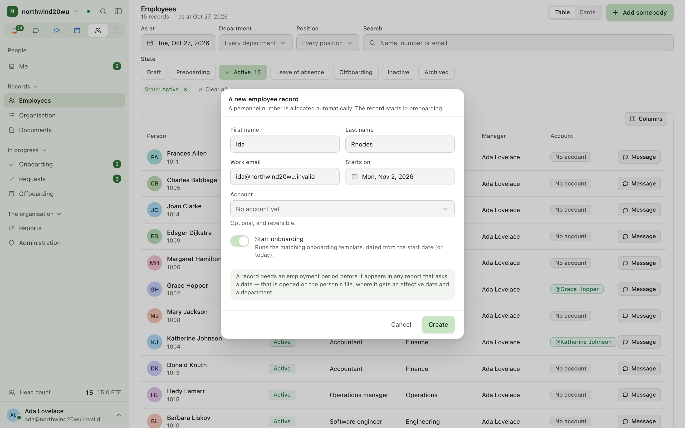 New employee dialog with onboarding switched on