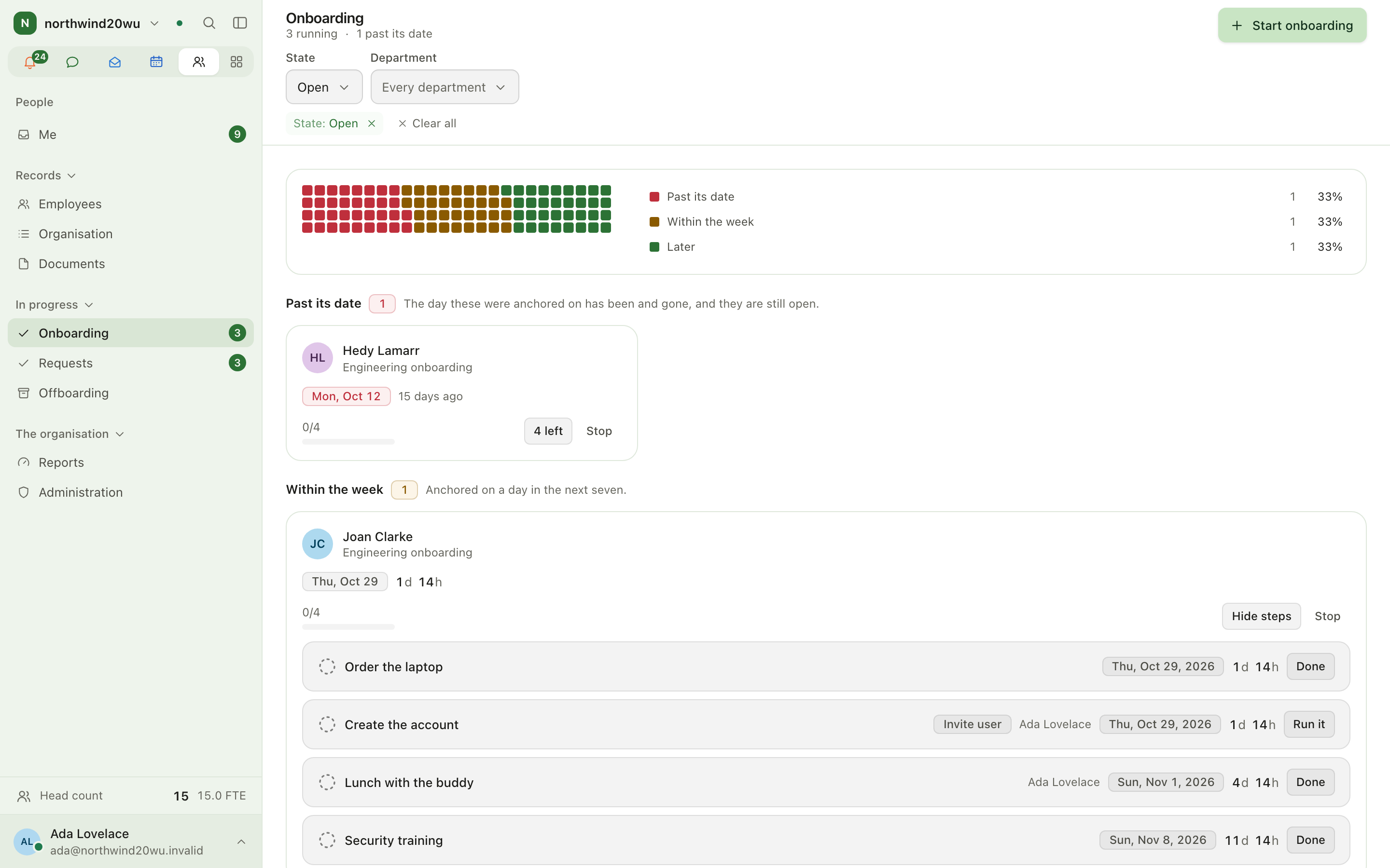 Onboarding board grouped by due date