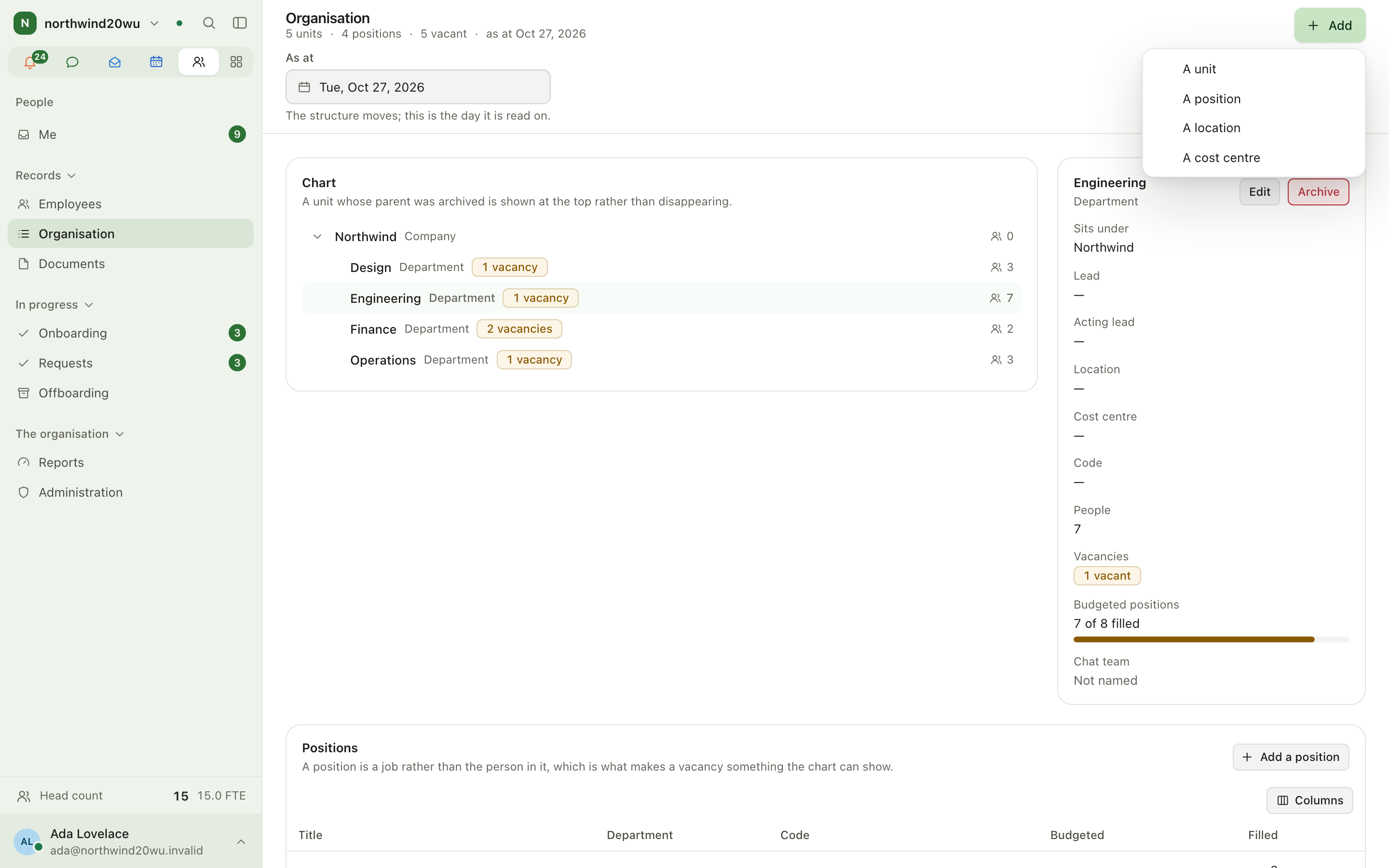 Organisation structure with the add menu open