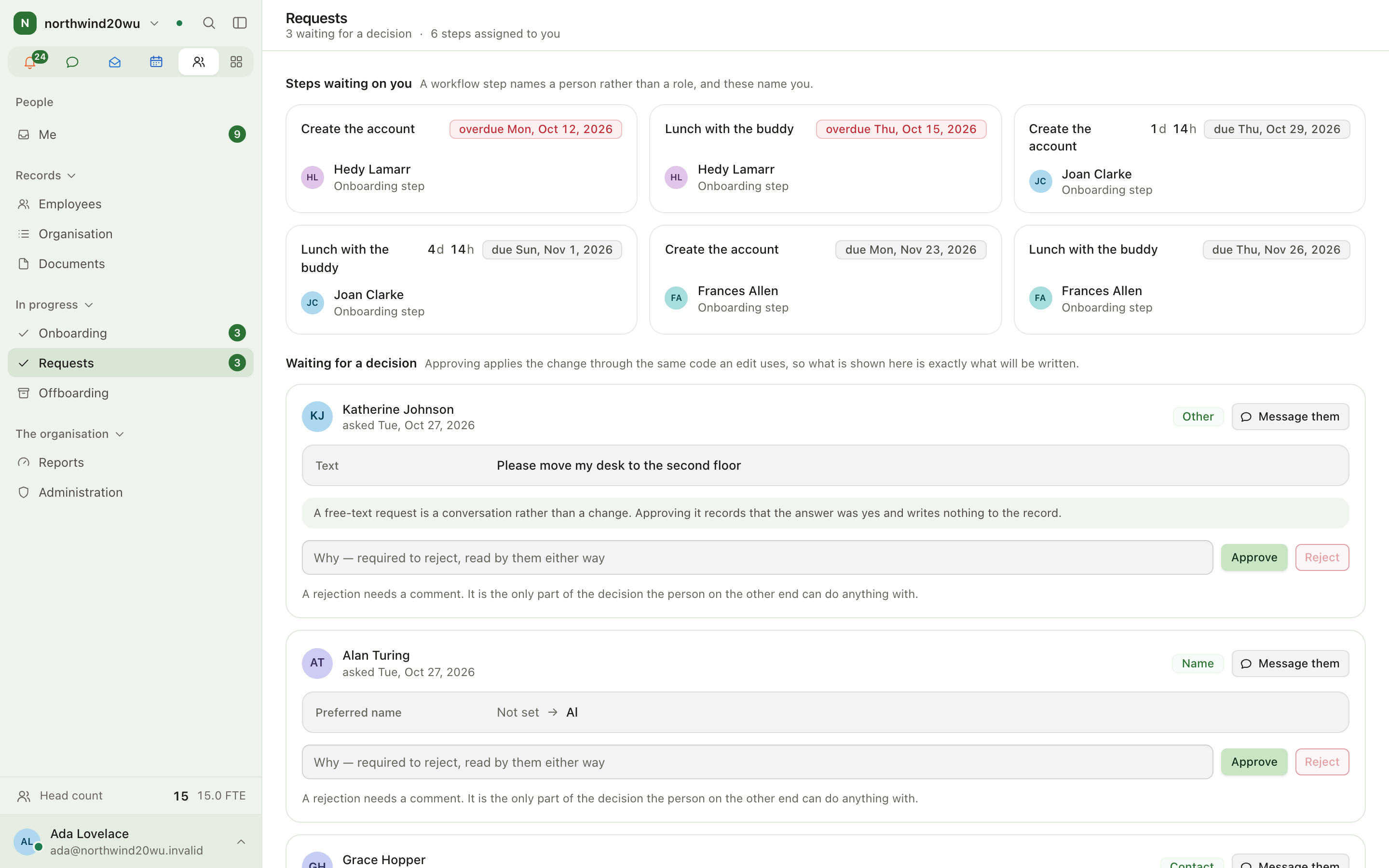 Requests page with a pending request opened