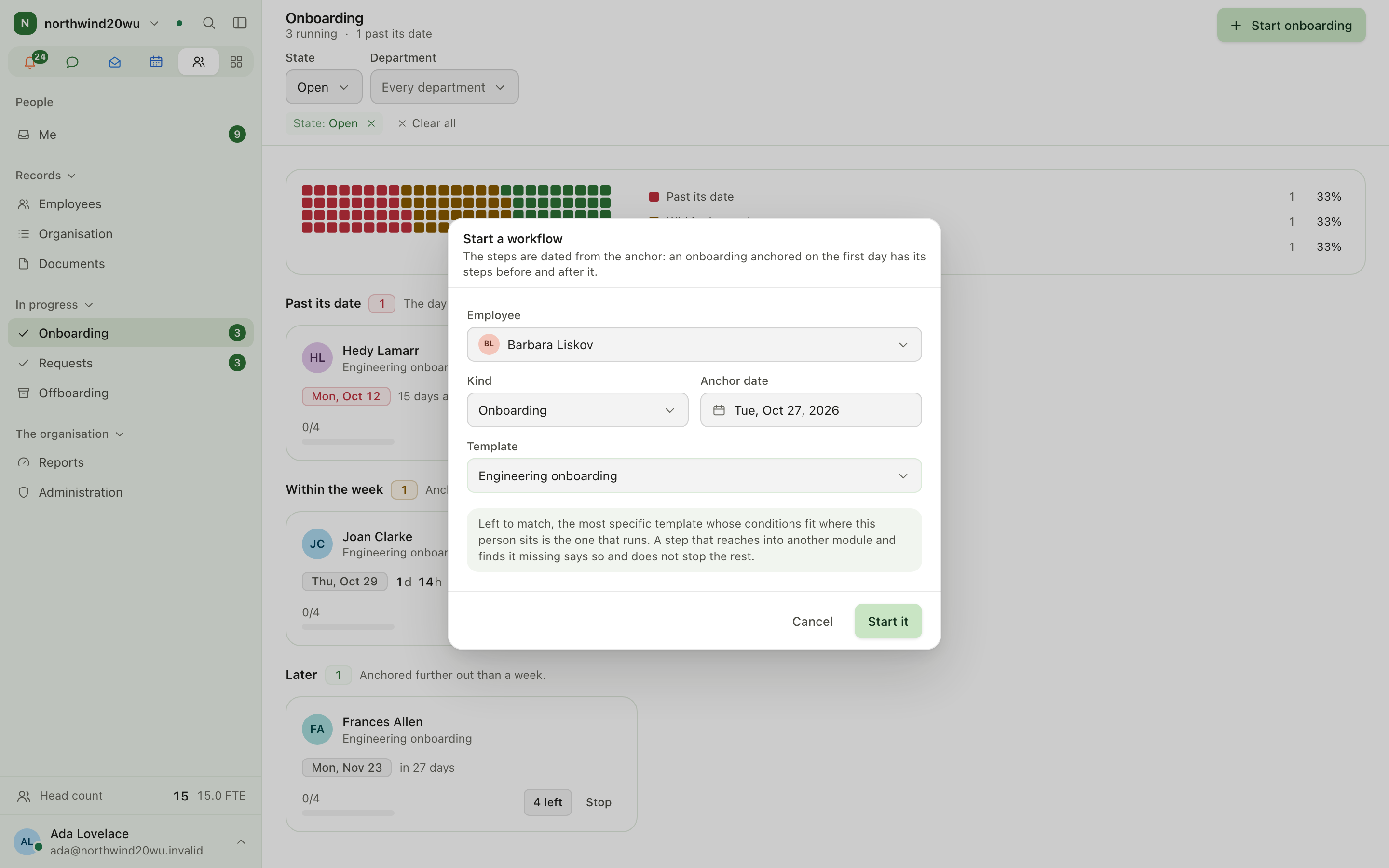 Onboarding board with the Start onboarding dialog open