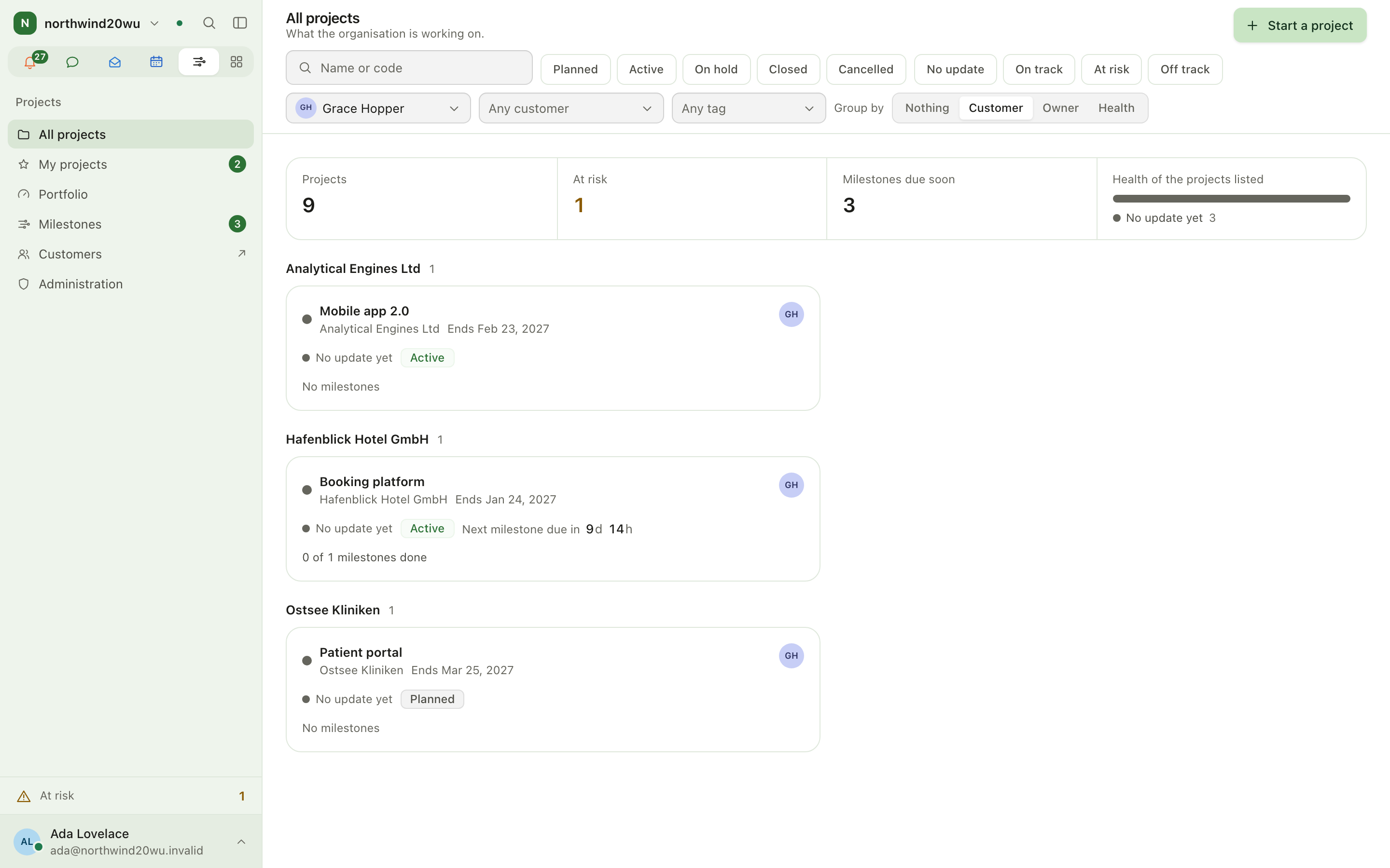 Project list with filters