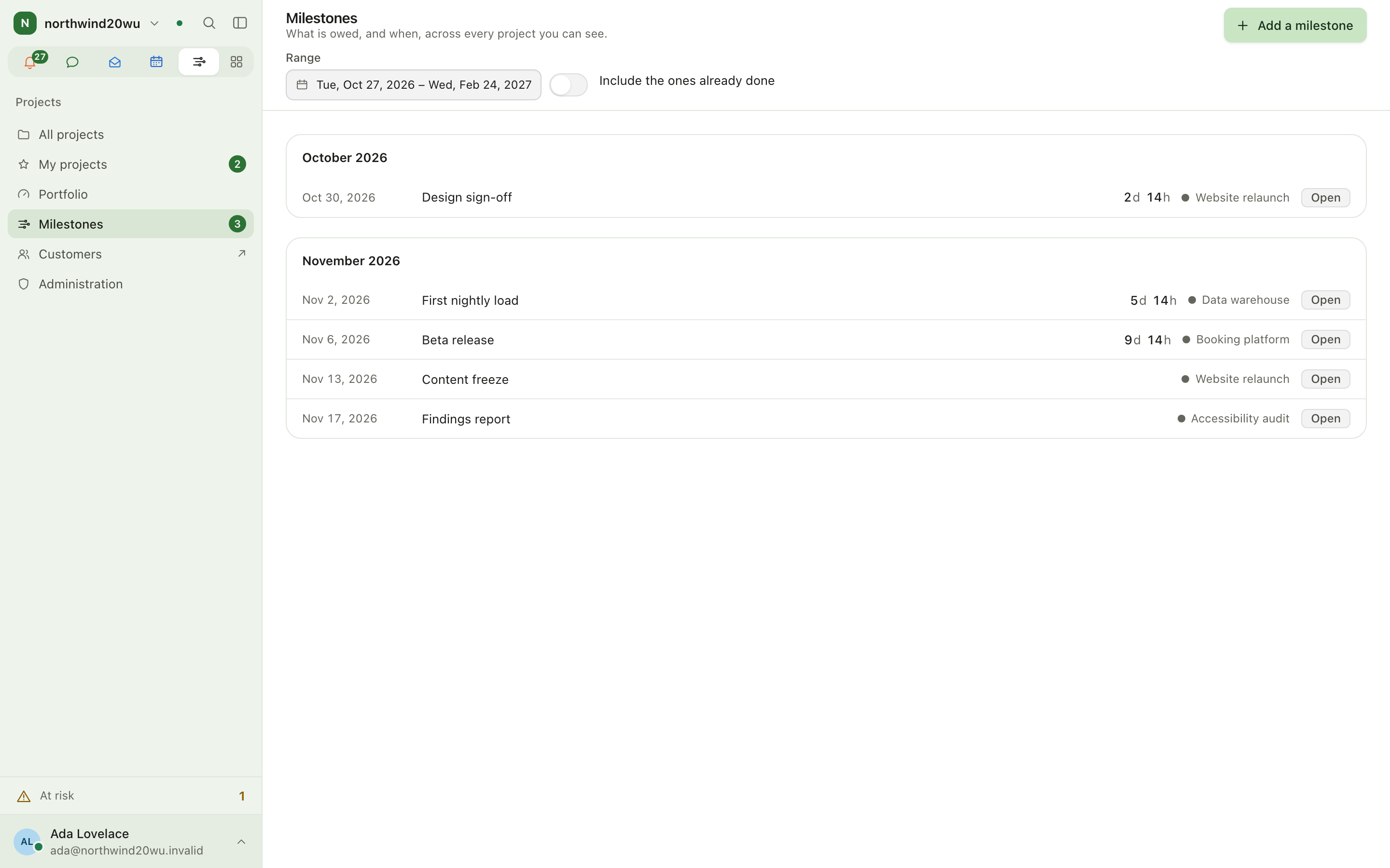 Milestones page