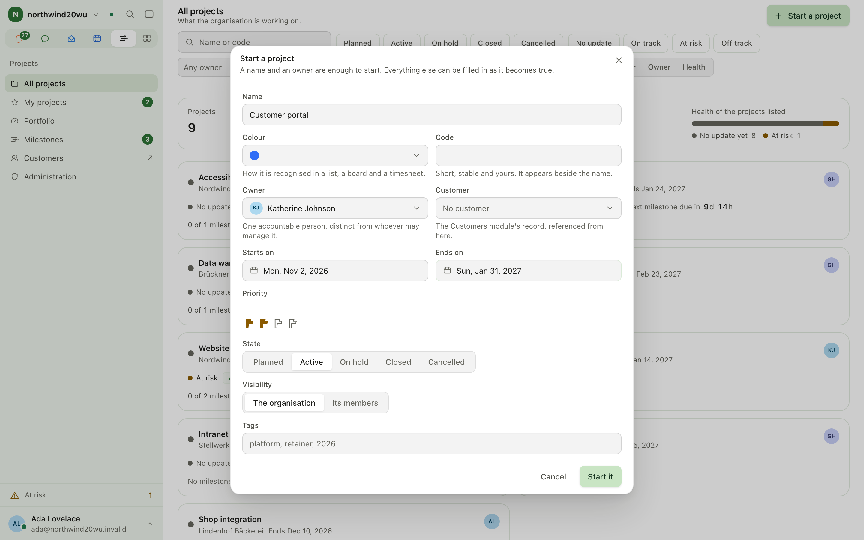 Start a project dialog