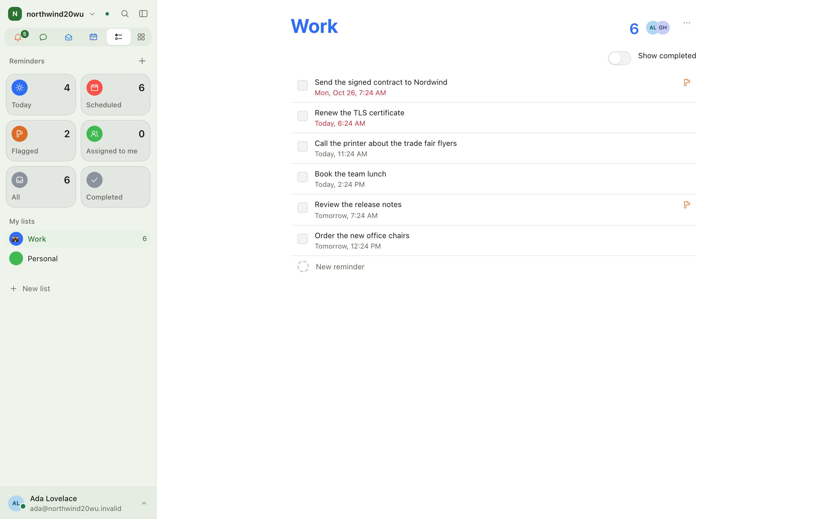 A list with reminders