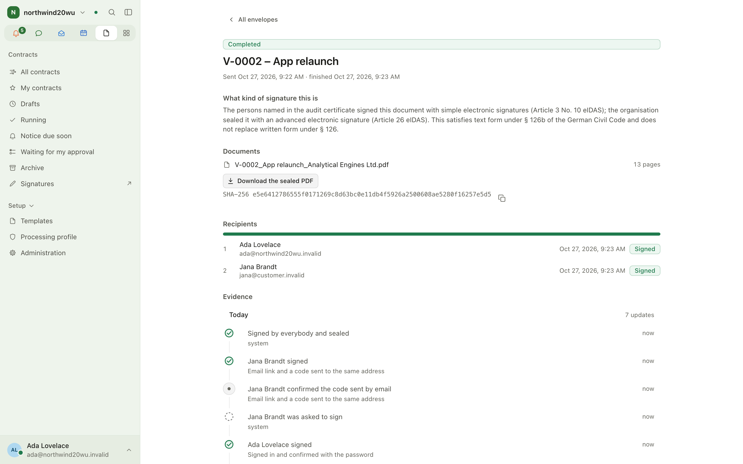 Completed envelope with recipients, evidence and download