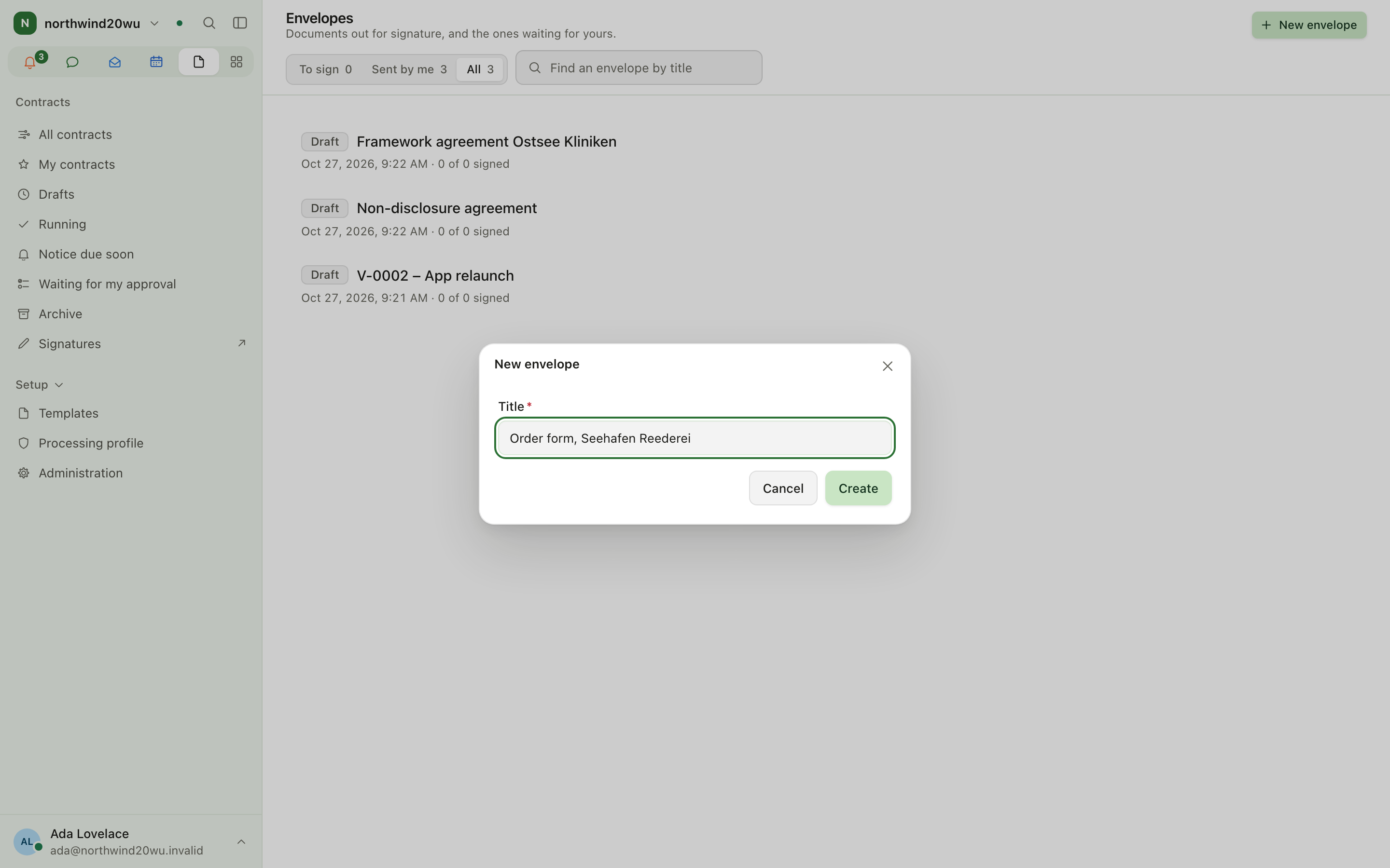 Envelope list with the New envelope dialog open