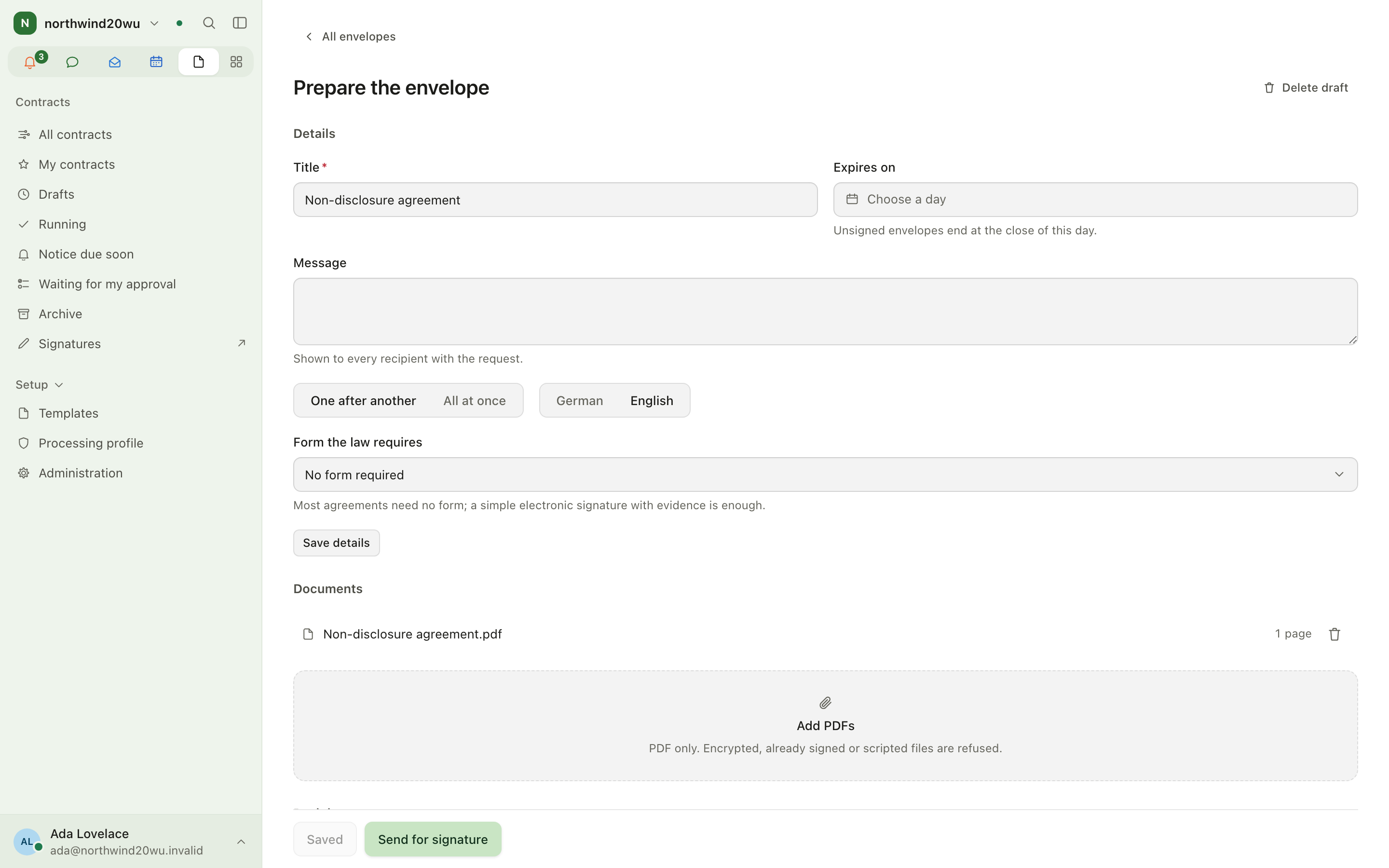 Prepare the envelope with Details, Documents and Send for signature