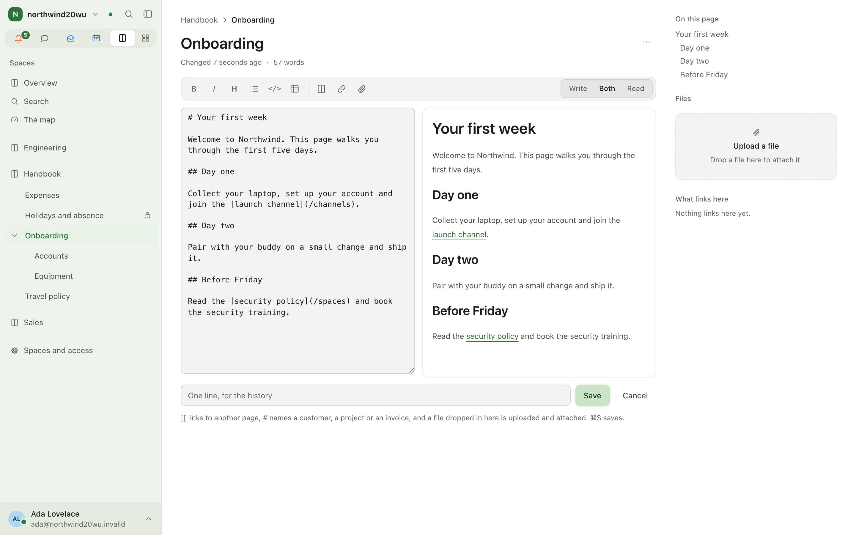 A page with the editor open and the page tree in the sidebar